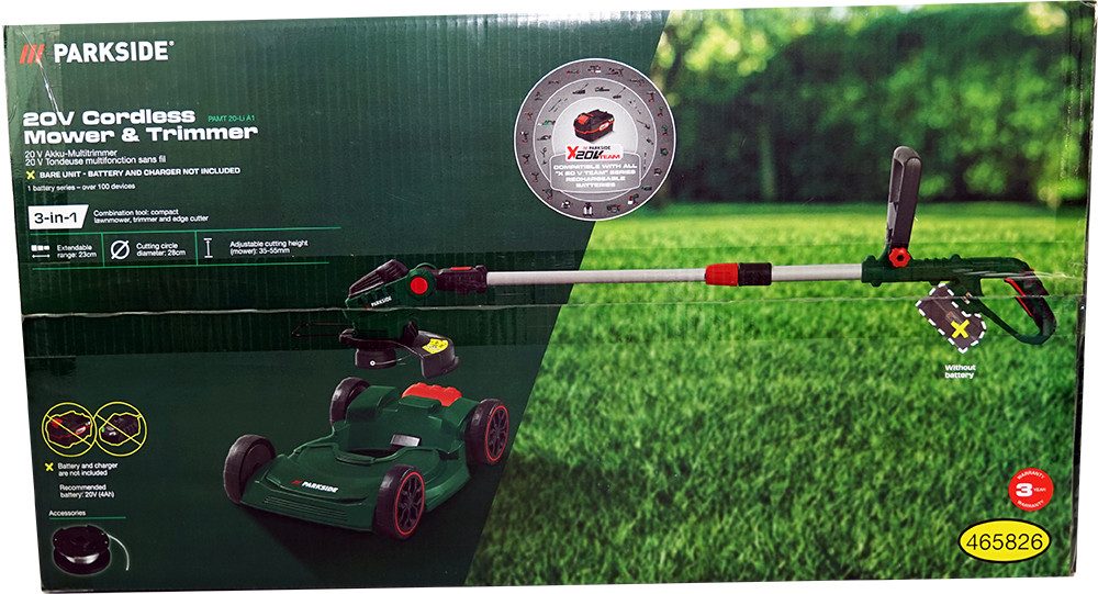 Parkside Akku-Rasentrimmer 20V 3in1 Trimmer Multitrimmer PAMT 20-Li A1, ohne Akku und Ladegerät, 3-in-1-Kombigerät: City-Rasenmäher, Trimmer und Kantenschneider