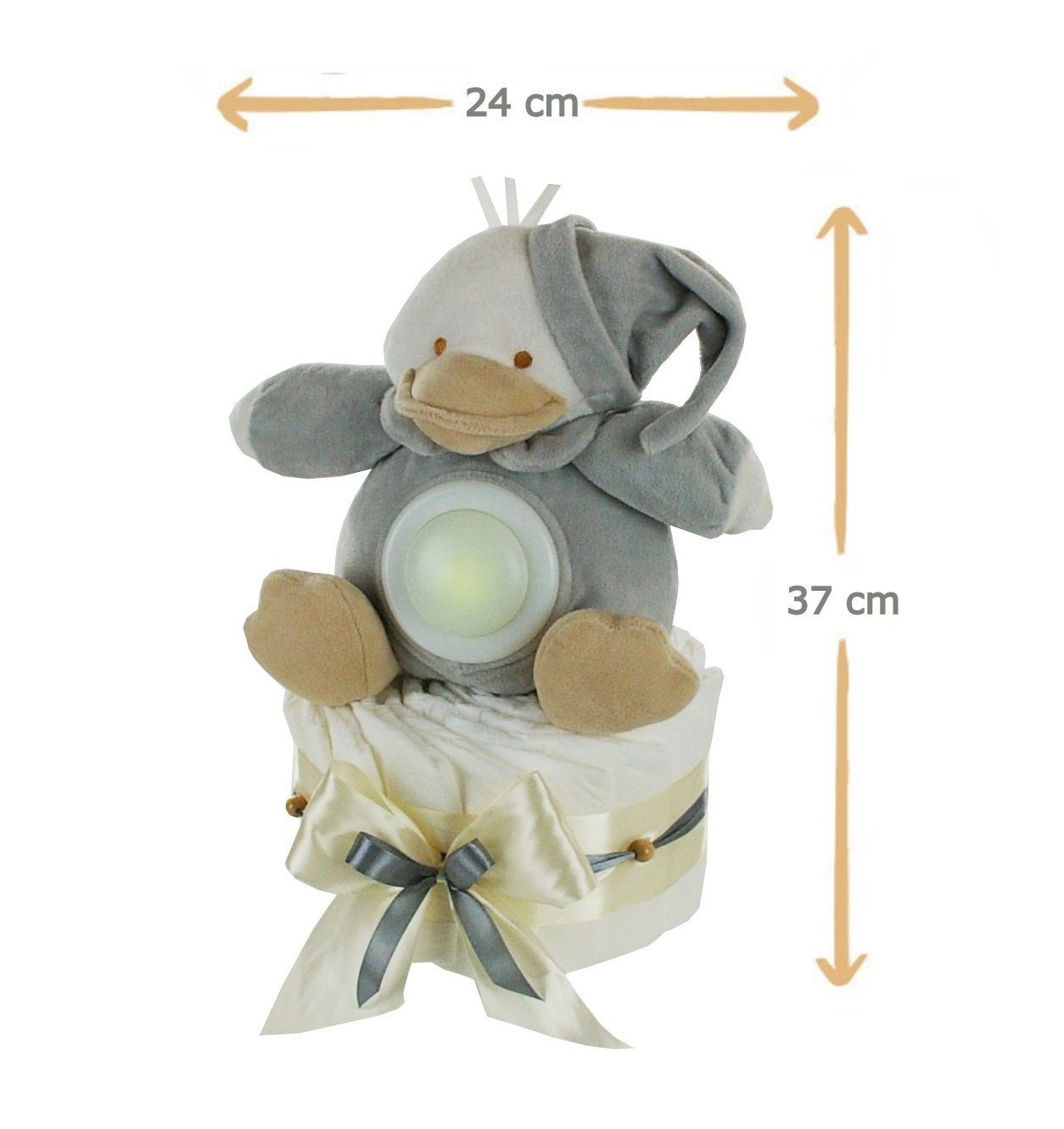 dubistda-WINDELTORTEN- Neugeborenen-Geschenkset Neutrale Windeltorte Kuscheltier LED-Nachtlicht Ente + 35cm Grußkarte