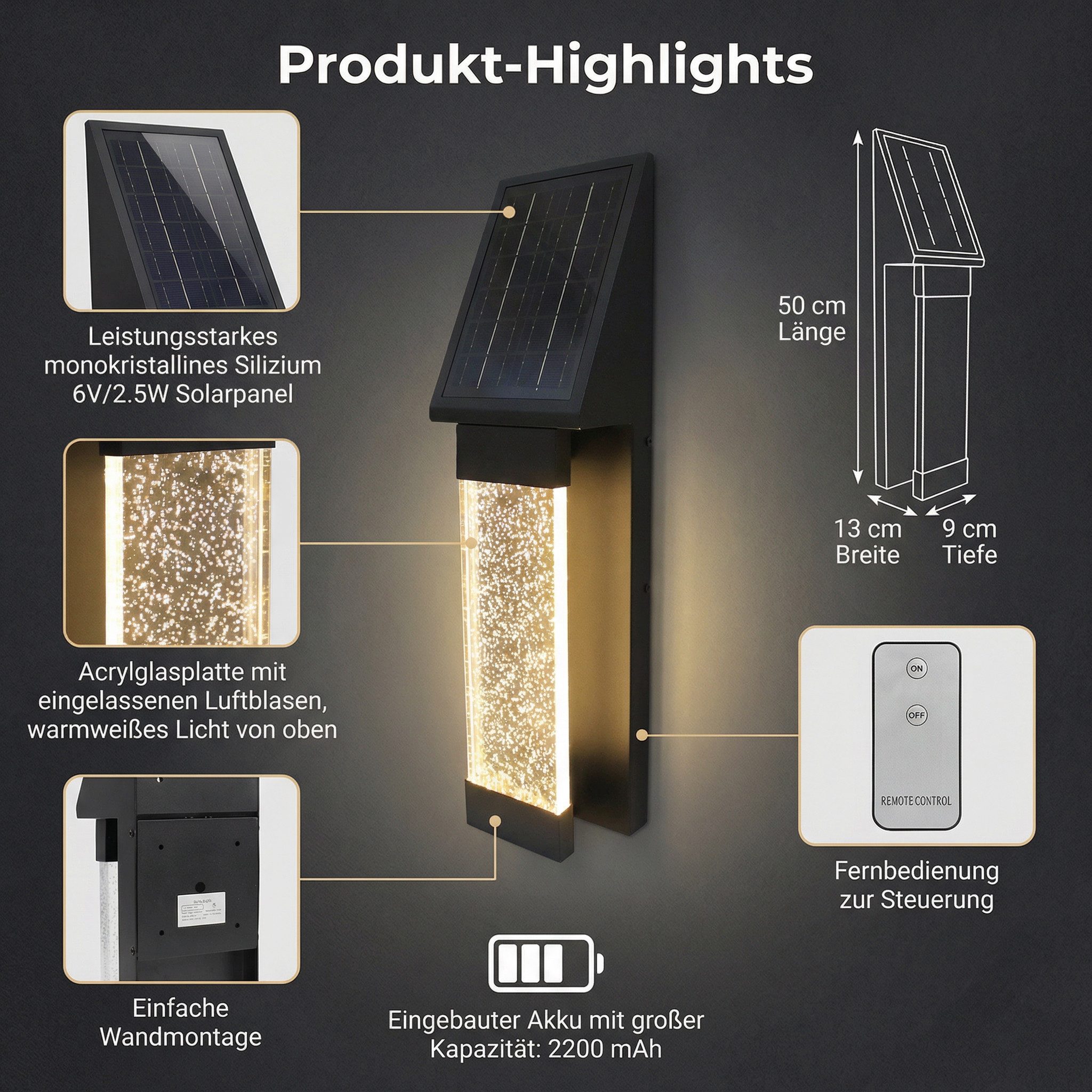 Arnusa LED Solarleuchte edle Außenwandleuchte Edelstahl Wandleuchte mit Kristall-Effekt Solar, Automatisches Ein-/Ausschalten, LED fest integriert, Warmweiß, kabellos warmweiß lange Leuchtdauer Außenleuchte