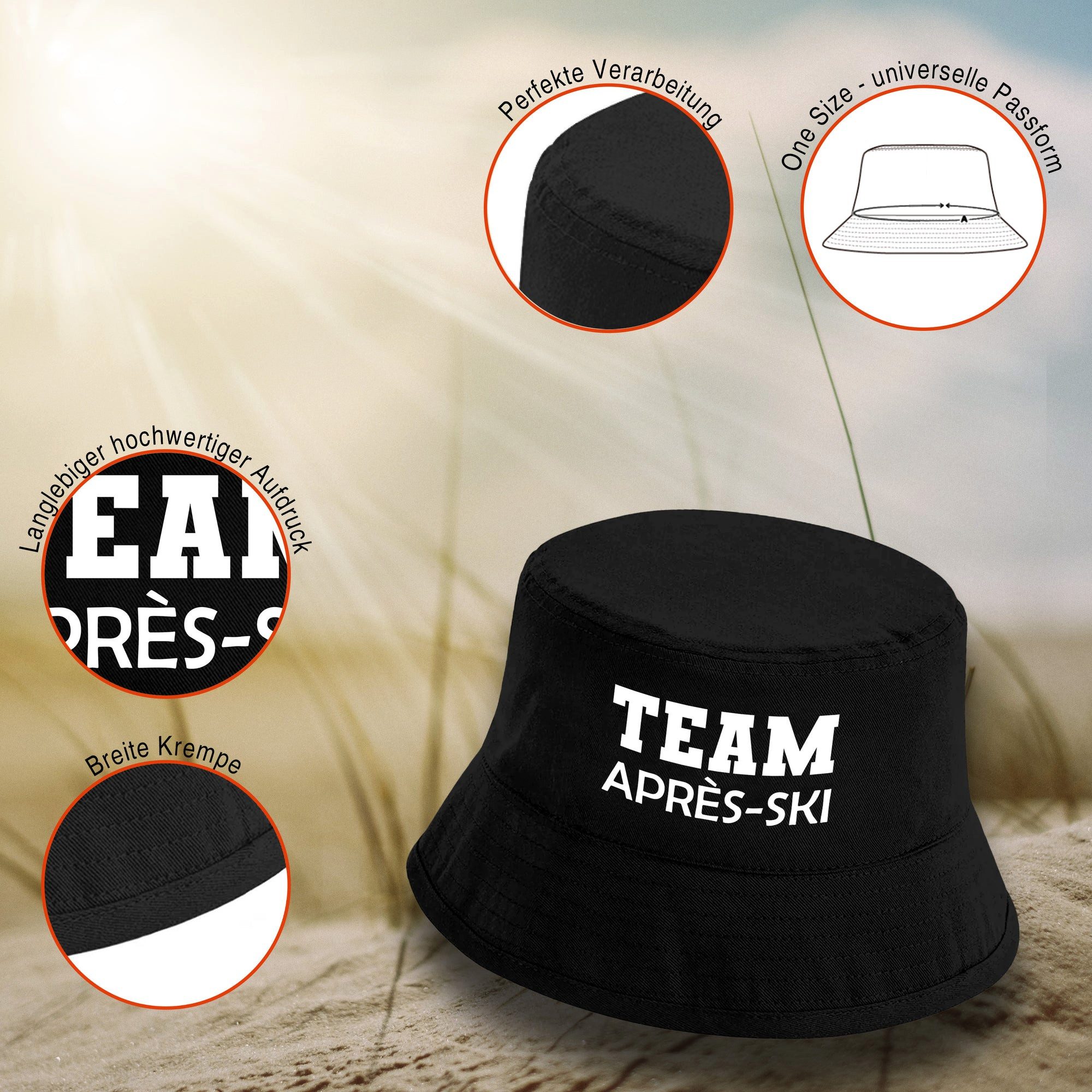 Herzbotschaft Sonnenhut Bucket Hat Team Après-Ski (Unisex Einheitsgröße, Sommerhut mit Spruch, Festivalhut, Fischerhut) für Damen & Herren