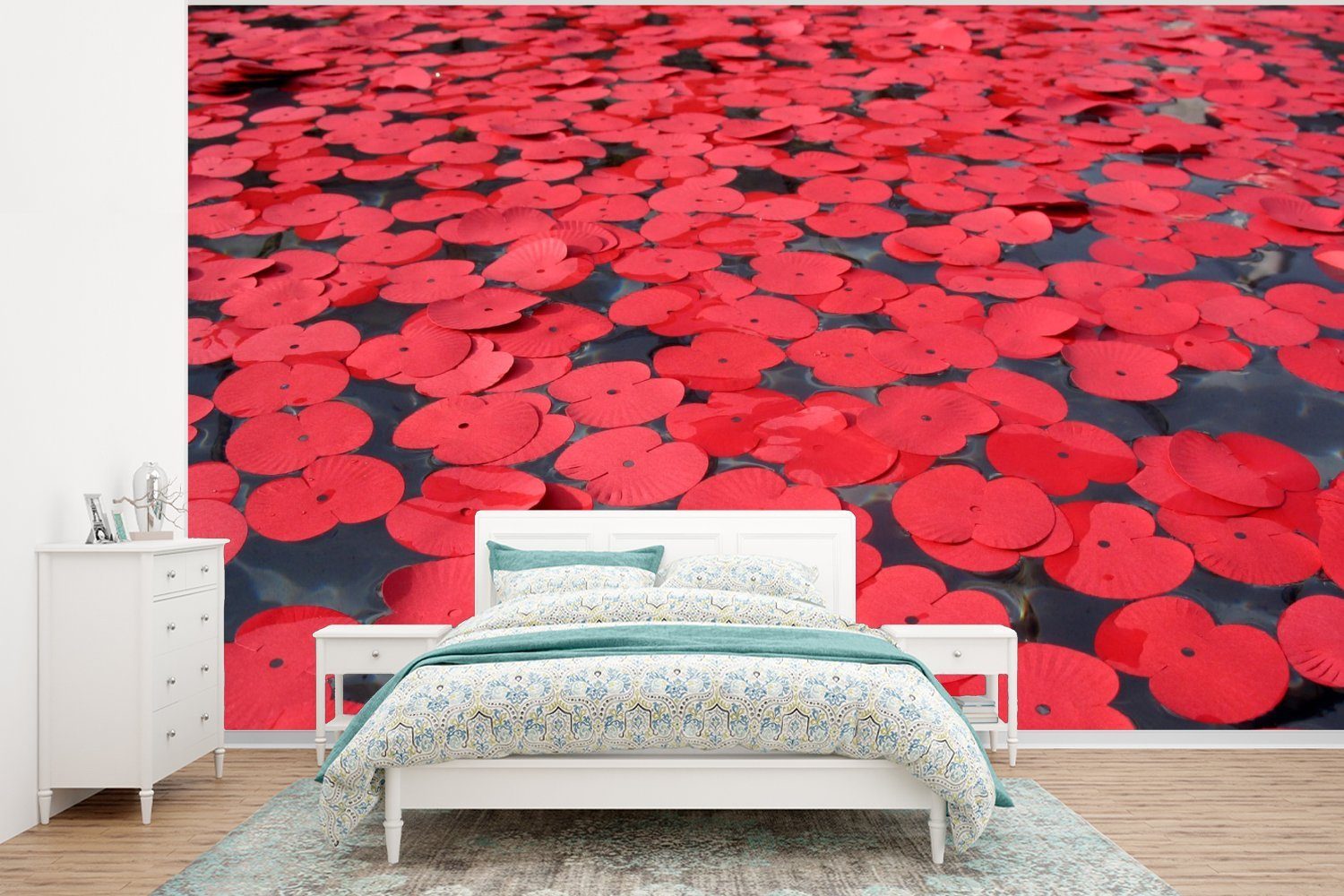 MuchoWow Fototapete Roter Mohn auf dem Wasser, Matt, bedruckt, (6 St), Wallpaper für Wohnzimmer, Schlafzimmer, Kinderzimmer, Vinyl Tapete