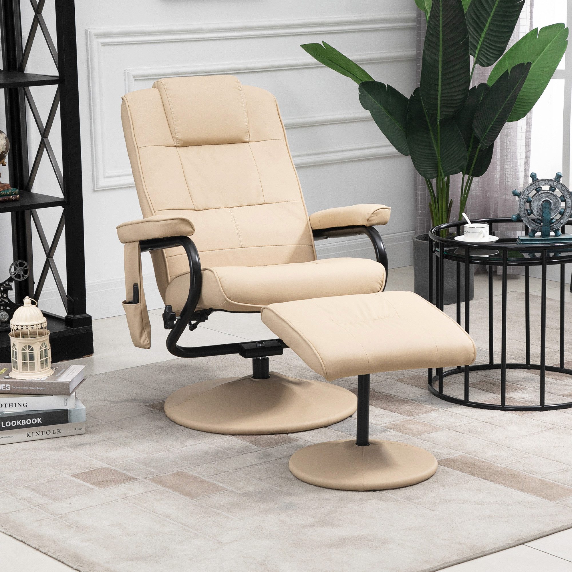 HOMCOM Massagesessel Relaxsessel mit Hocker, Liegefunktion, Ruhesessel für Wohnzimmer (Set, 2-St., Relaxliege), Cremeweiß