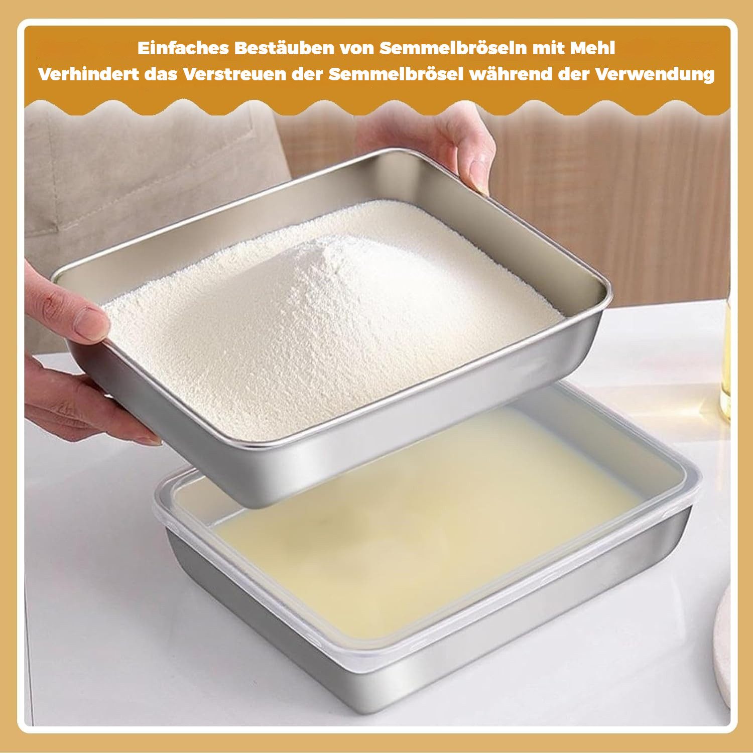 BlingBin Panierschale 3-Teilig Panierstraße Set, Edelstahl Auflaufform Backblech mit Deckel, Edelstahl, (3er Set, 3-tlg), Panier-Set mit Backzange für Schnitzeln, Fisch, Früchte & Gemüse