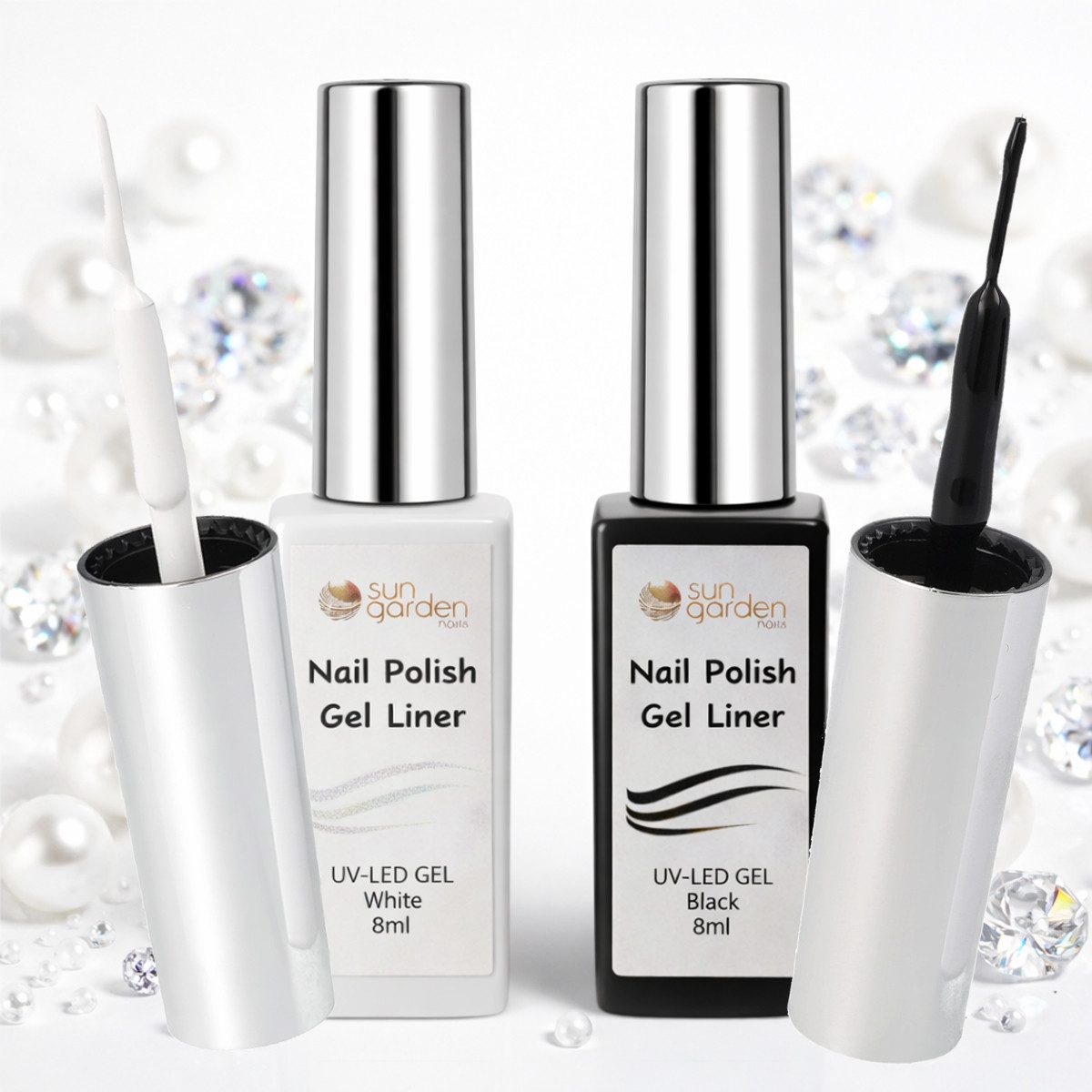 Sun Garden Nails UV-Gel Nail Polish Nail Liner Black & White je 8ml – Für feine Linien, Extra feine Nail-Liner-Spitze – Für Linien, Details und Nailart