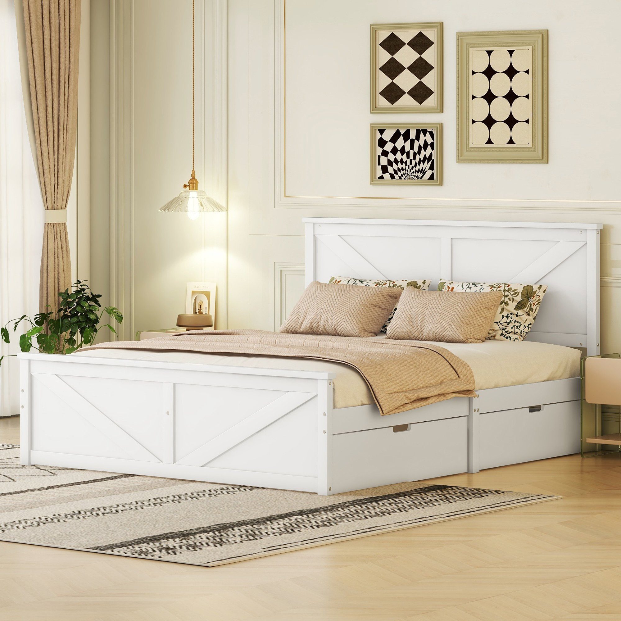 REDOM Funktionsbett 160x200cm Einfaches Holzpritschenbett Ohne mit Weiß Schubladen, vier Matratze