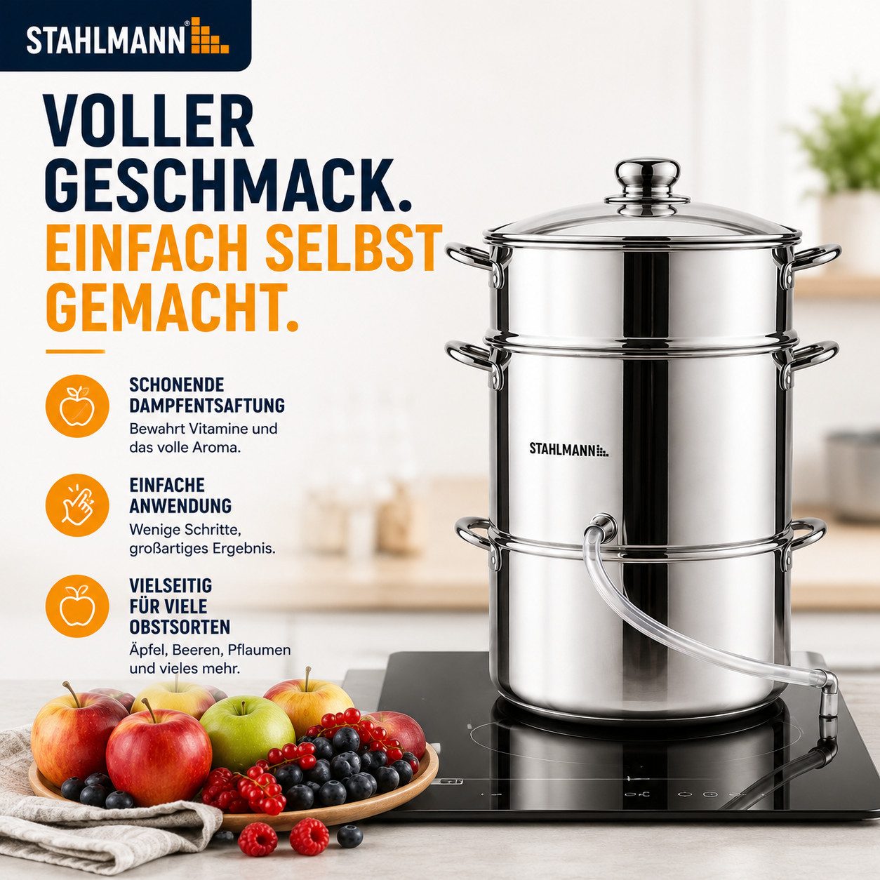 STAHLMANN Entsafter Dampfentsafter [8 L] Entsafter Obst und Gemüse Edelstahl Induktion, 8 L · Edelstahl · Für Induktion · Glasdeckel · 4-teilig – Bild 5 von 5