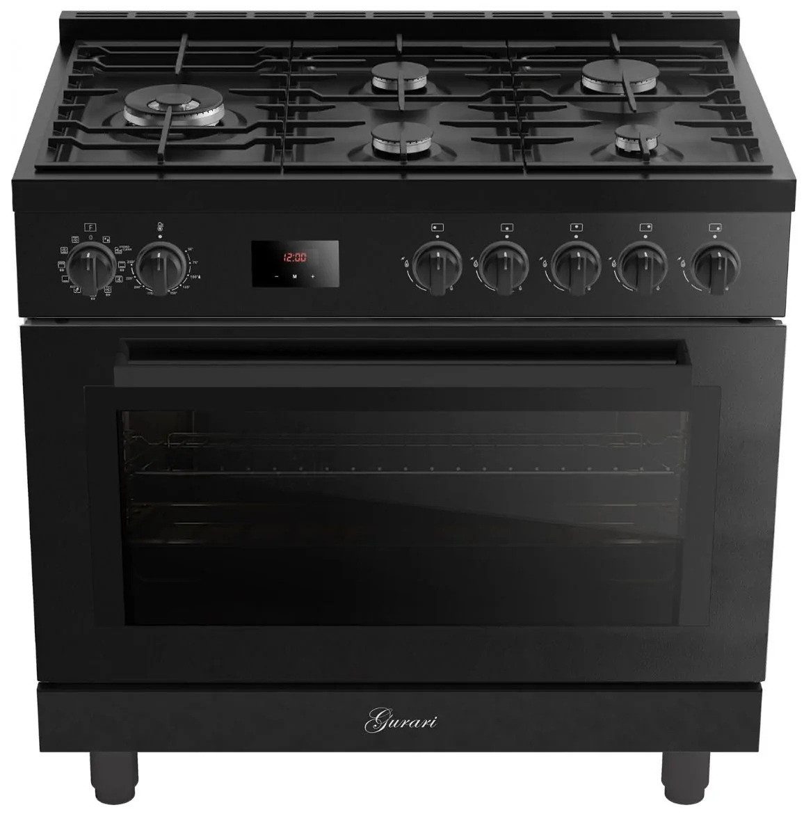 GURARI Gas-Standherd Gas Elektro Standherd 90 cm 126 L Erdgas Fl.Gas 4 Kw WOK Schwarz GCH E 818 BL, mit 1-fach-Teleskopauszug, Gas Elektro Standherd 90 cm, XXL Backofen, 126 L, AirFry, Drehspieß