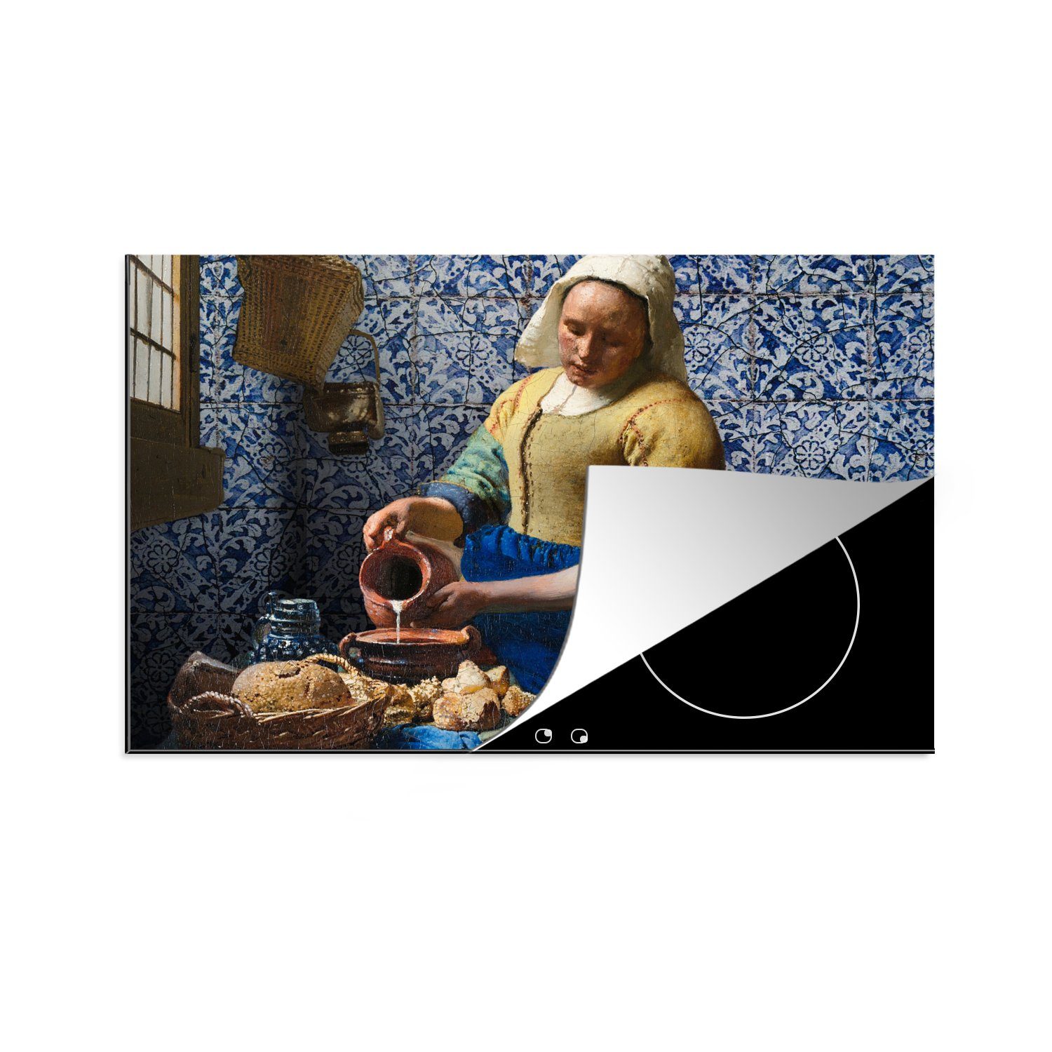 MuchoWow Herdblende-/Abdeckplatte Milchmädchen - Delfter Blau - Vermeer - Gemälde - Alte Meister, Vinyl, (1 tlg), 80x52 cm, Induktionskochfeld Schutz für die küche, Ceranfeldabdeckung