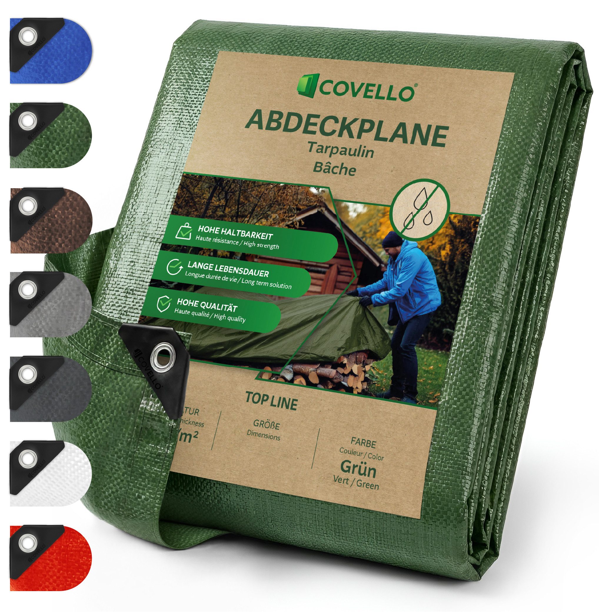Covello Schutzplane 260g/m² grün, Abdeckplane mit Ösen wasserdicht, Plane UV-stabilisiert in vielen verschiedenen Farben & Größen