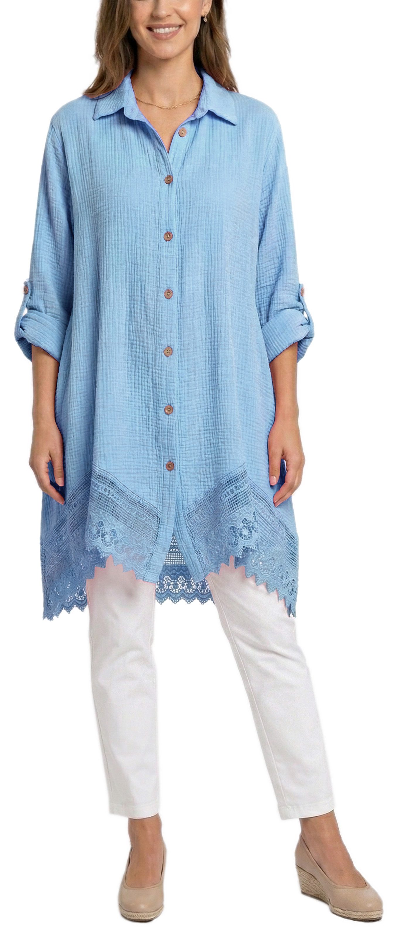 dy_mode Longbluse Damen Oversized Longbluse Musselin Tunika HemdbluseBlusenkleid in Unifarbe, dekorativem Häkel-Saum, Oversize-Passform