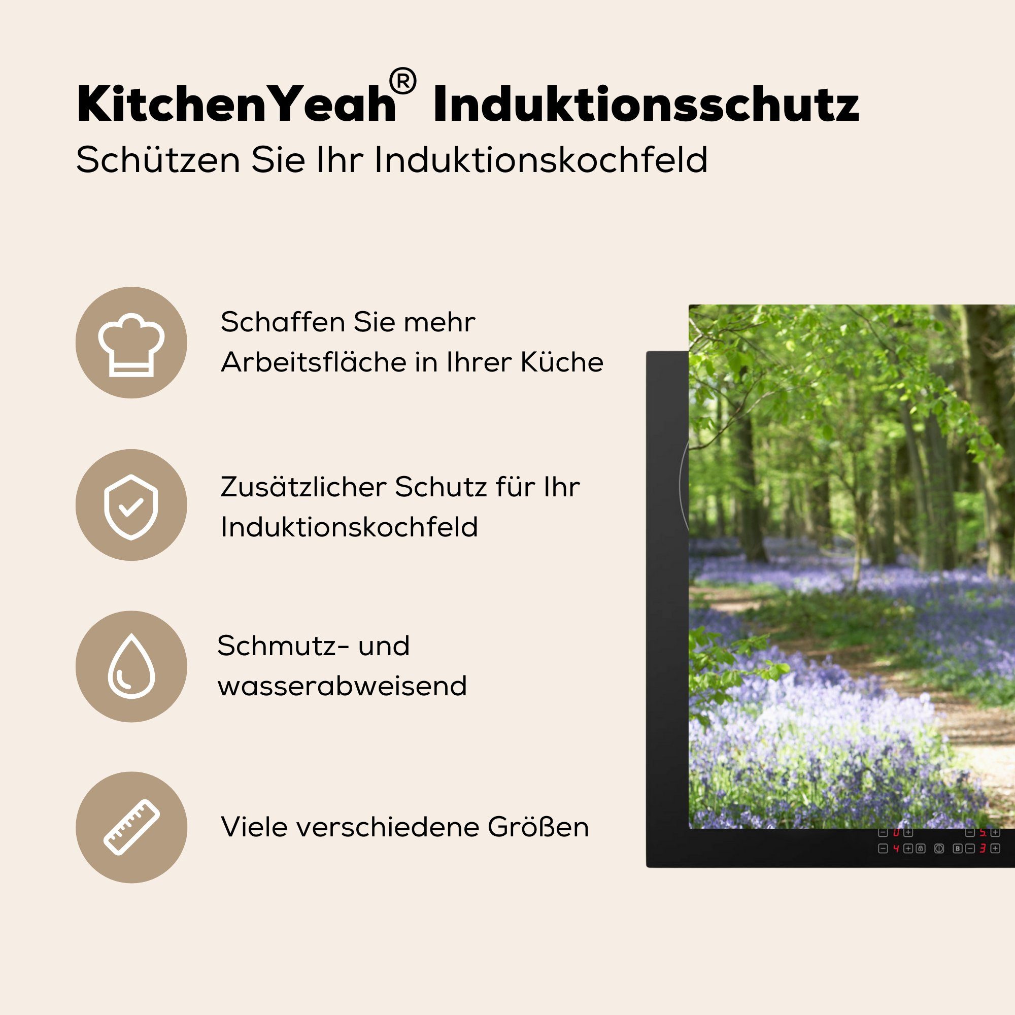 - Lila Weg Grün - cm, küche Blumen - tlg), für - Herdblende-/Abdeckplatte (1 Vinyl, Arbeitsplatte Natur, Wald MuchoWow - 77x51 Ceranfeldabdeckung,