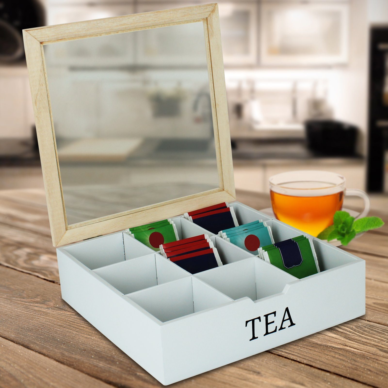 Koopman Teebox Teekiste 9 Fächer Holz Teebeutel Eingriff Teekasten Kiste Holzteebox TEA Dose Tee-Beutel Box Teebeutelbox, Teesorten Tee Weiß Farbwahl