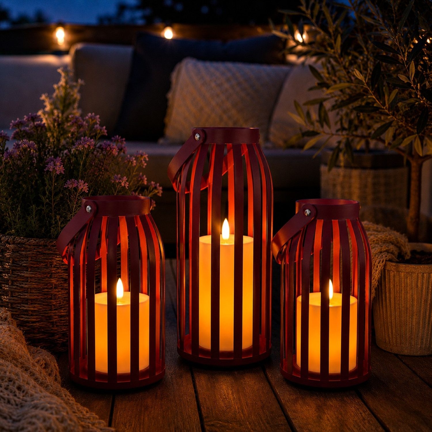 Online-Fuchs LED Laterne 3er Set Laternen aus Metall mit LED-Kerzen & Timer - Outdoor geeignet, mit realistischer Flamme und Wachsspiegel, warmweiße Beleuchtung, 6-Stunden Timerfunktion - für den Innen- und Außenbereich