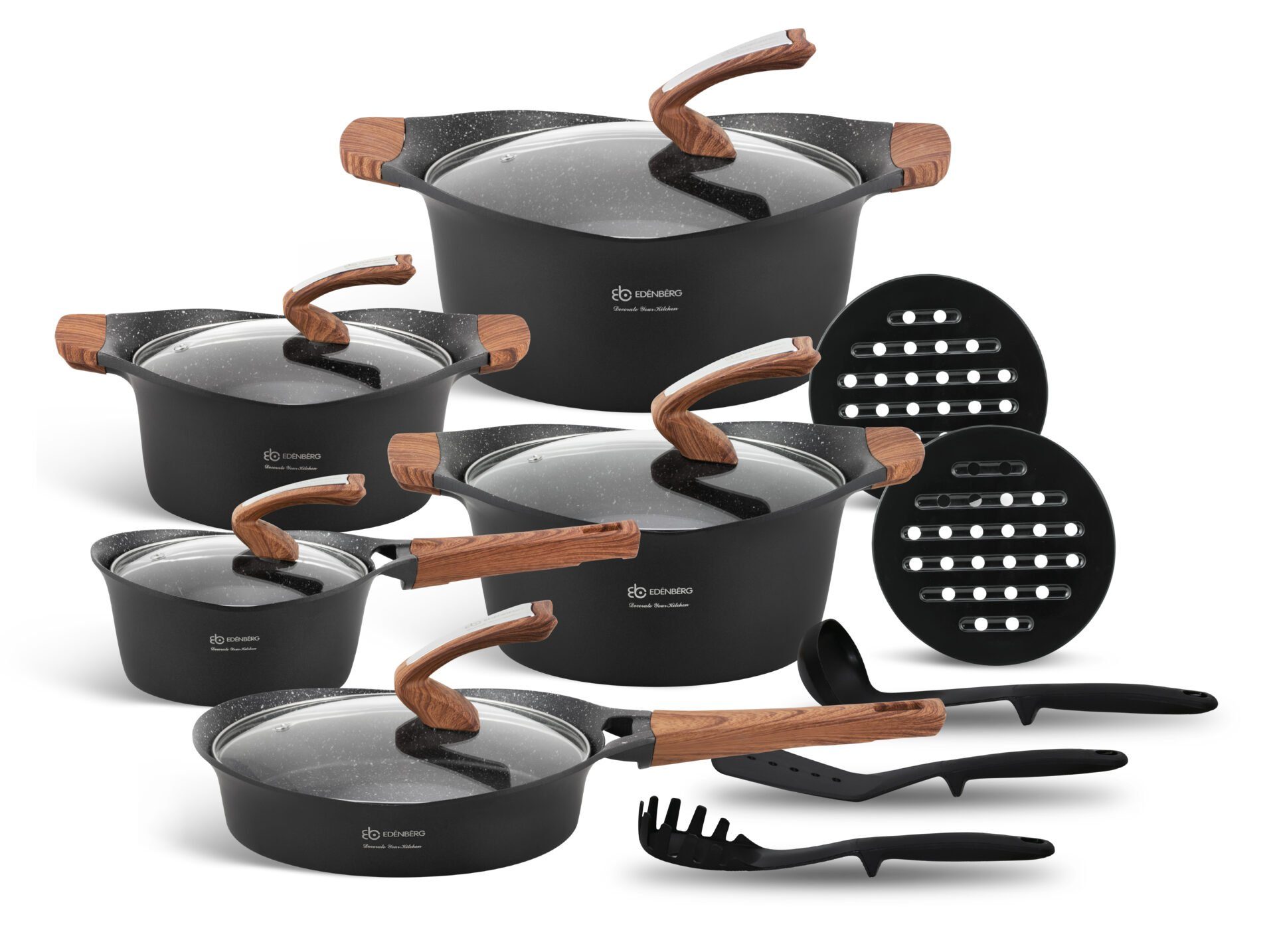 Edenberg Topf-Set Modernes Topfset, schwarze Töpfe, braune Griffe, Pfanne, Kasserolle, Aluminium, Keramik (15-tlg., Zeitloses Design des Topfsets. Eine ideale Geschenkidee)