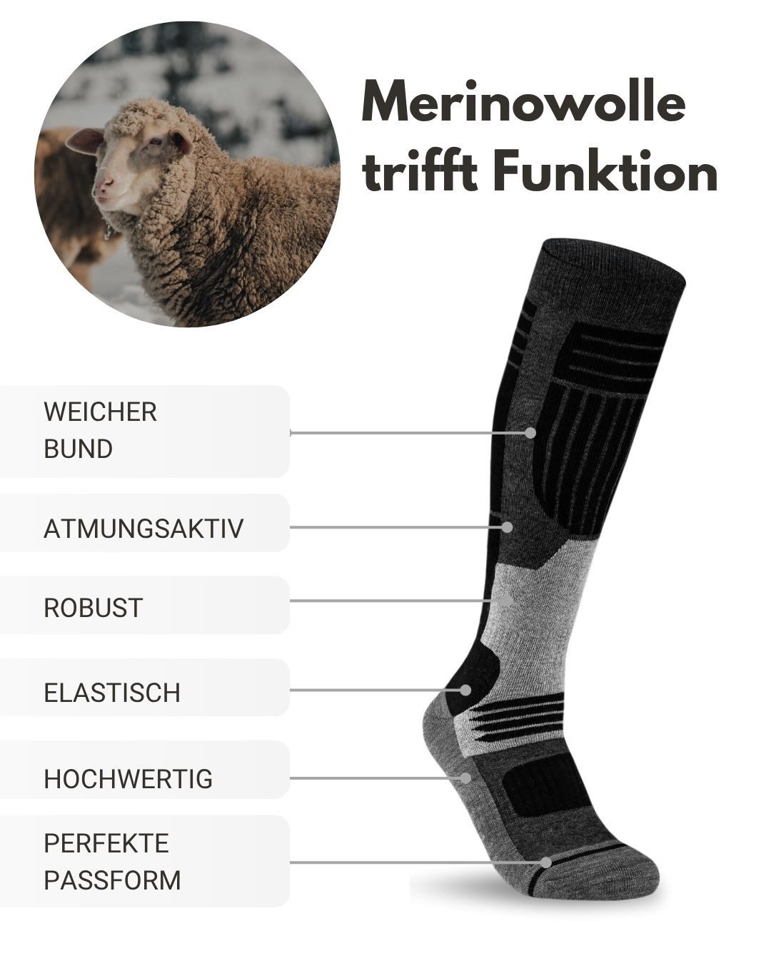 sockenkauf24 Skisocken Merino Herren 2 Paar Ski Kniestrümpfe Merinowolle (2-Paar) atmungsaktive Skisocken mit verstärkten Belastungszonen