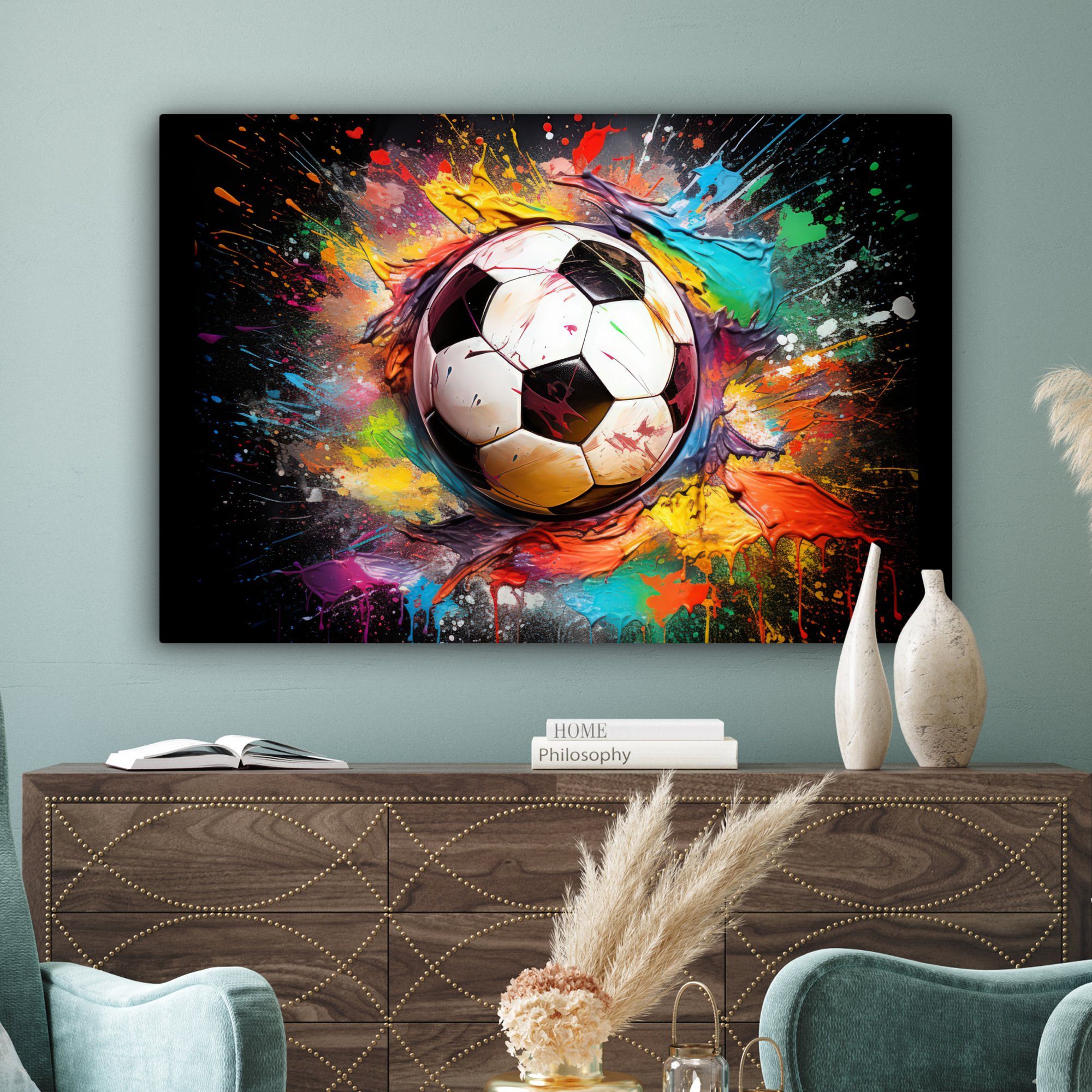 Fußball Schwarz (1 Farbe alle Farben OneMillionCanvasses® Weiß, St), Wohnbereiche, 120x80 für cm - - - Leinwandbild Wandbild XXL, Gemälde, - großes,