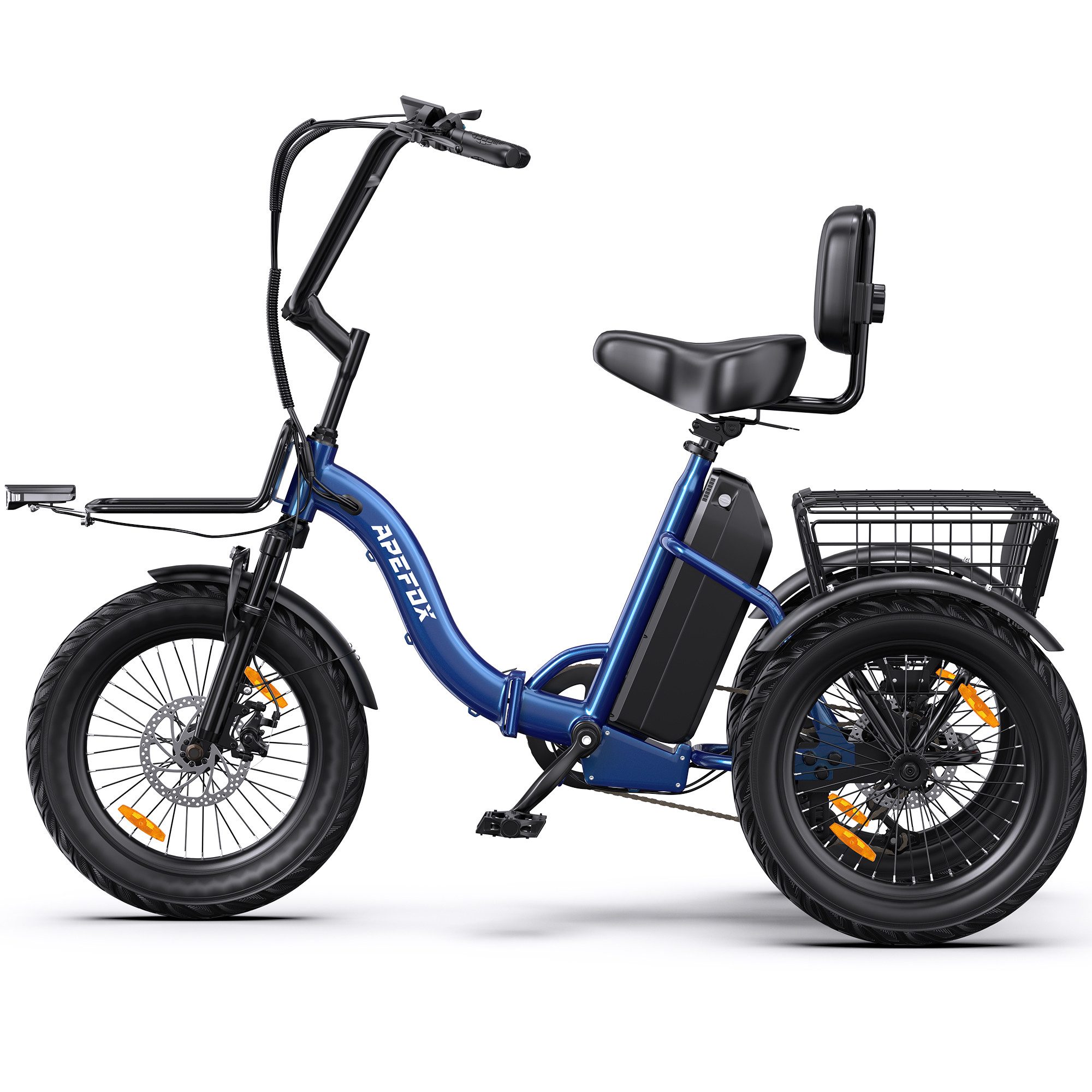 Vankel E-Bike Cityrad Elektro-Dreirad Herren u. Damen Erwachsene 3 Rad 80km 720Wh faltbar, Kettenschaltung, Heckmotor, 720 Wh, Pedelec mit Korb & Rückenlehne, 7 Gang, 48V 15Ah Akku, blau