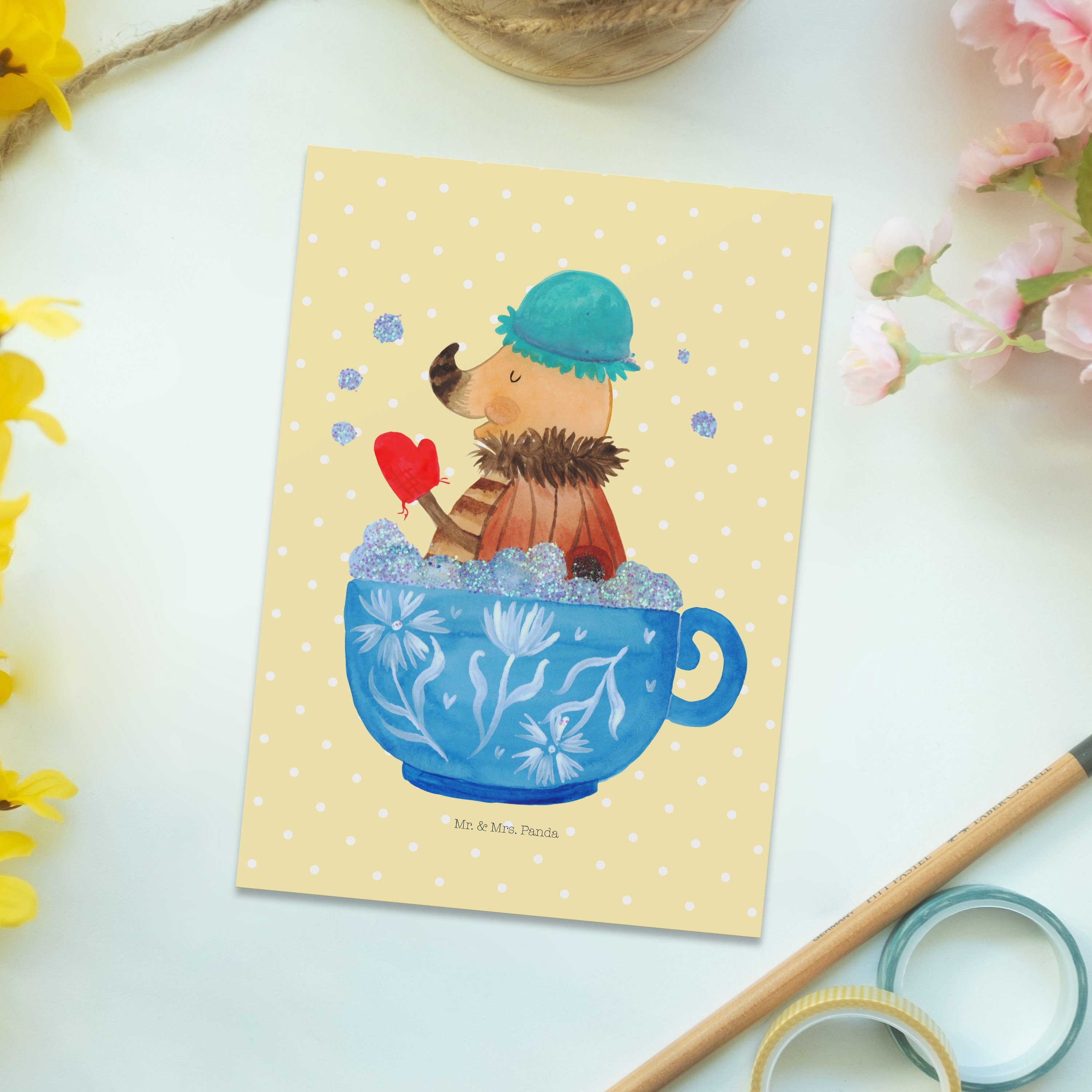 Mr. & Mrs. Panda - Geschenk, Nachtfalter Gelb - WC, Einladungskarte Schaumbad Pastell Postkarte
