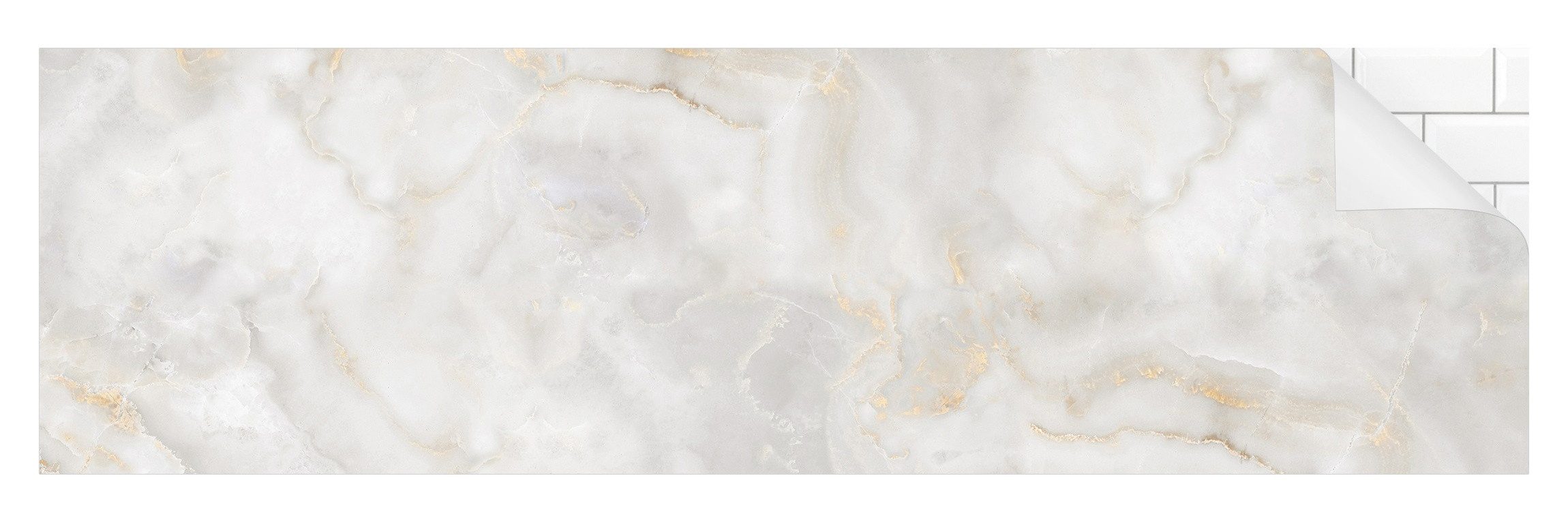 Bilderdepot24 Badrückwand weiss fugenlose Wandverkleidung Bad mit Motiv, (Hartfolie matt » Selbstklebend SMART 0,35 mm), wasserfestes Wandpaneel Onyx Marmor Gold
