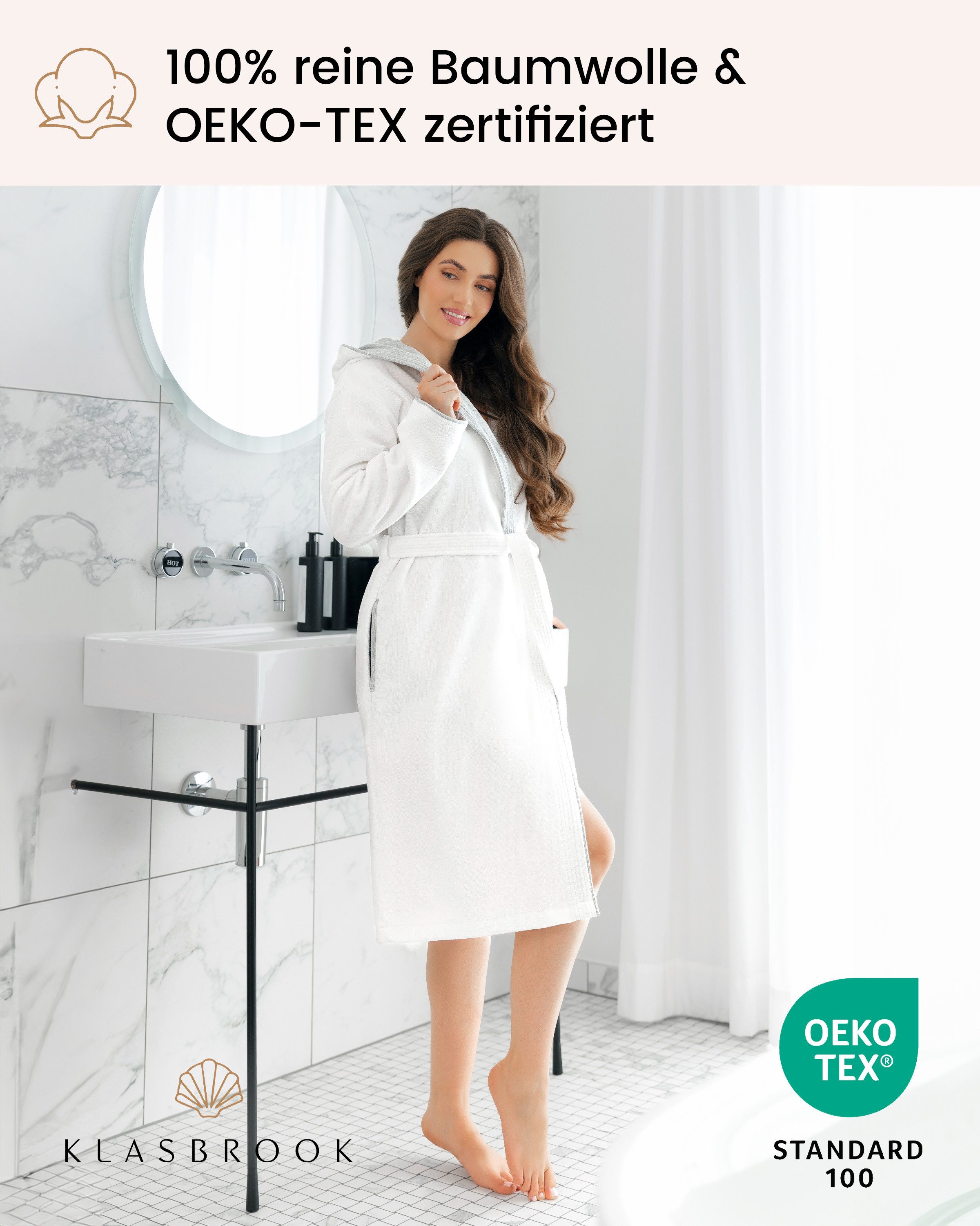 KLASBROOK Damenbademantel Lina, Kapuze, mit Kapuze aus 100% Baumwolle, Tasc günstig online kaufen