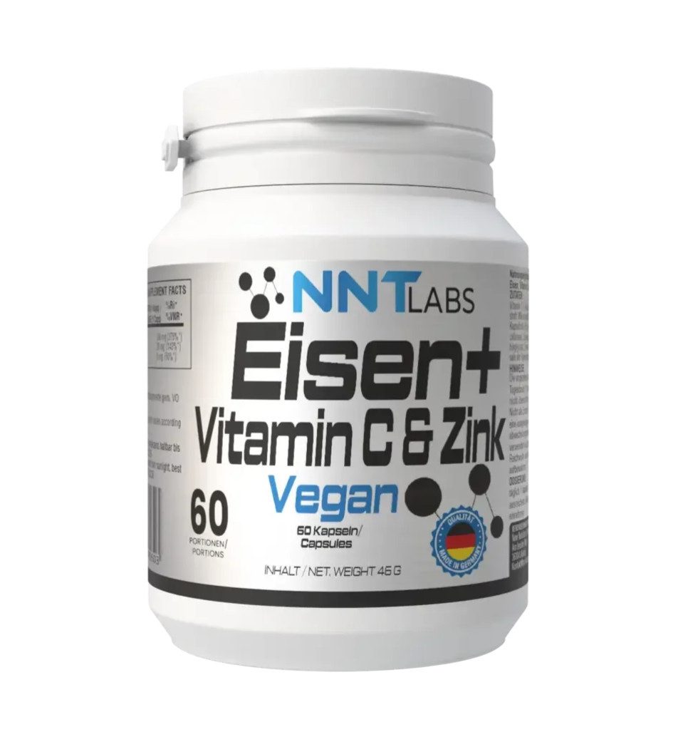 NNT Labs NNT Eisen + Vitamin C + Zink 60 Kapseln Vegan Kapseln, 1 er 45 g, Vitamin C 300 mg Eisen: 20 mg Zink: 5 mg pro Kapsel