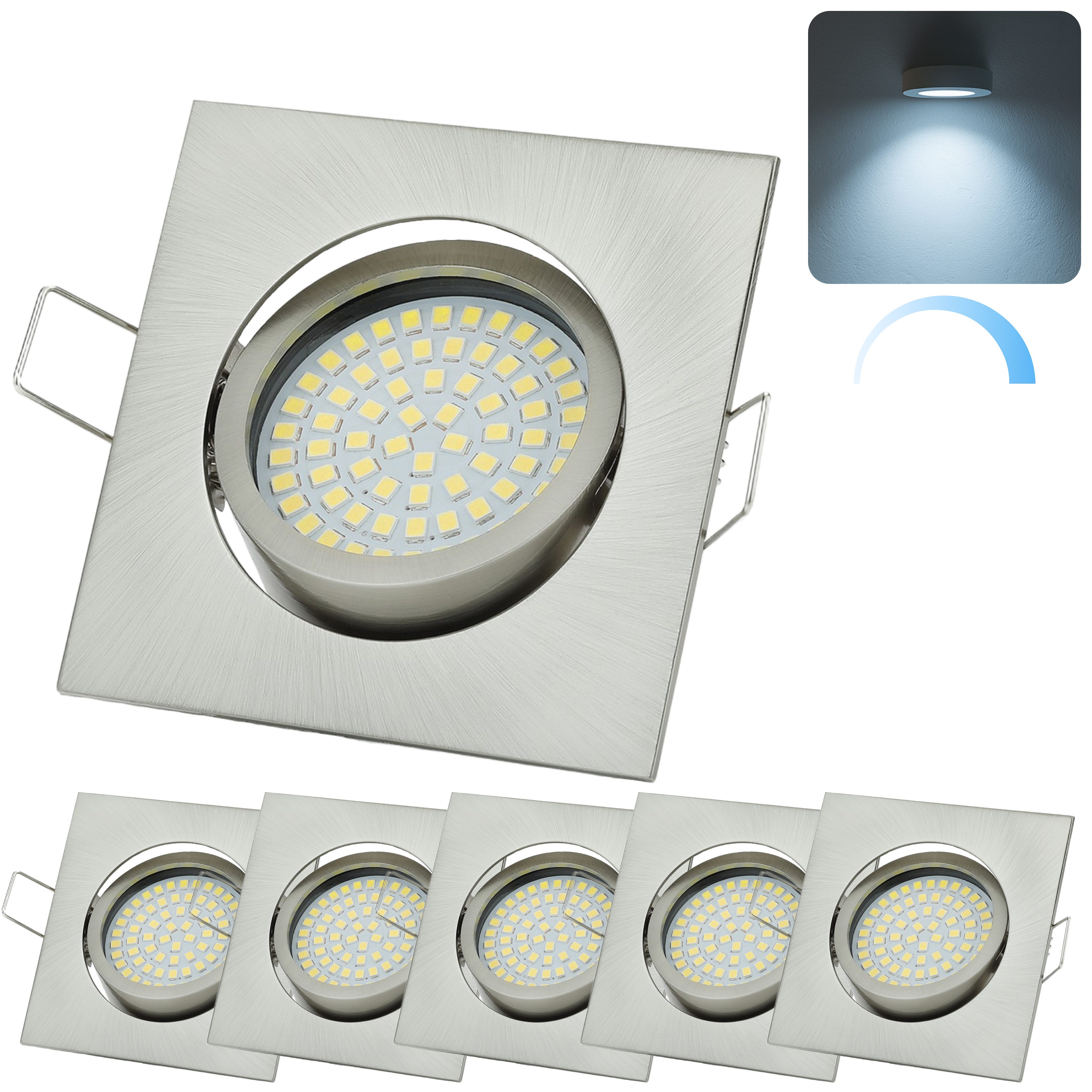 Sweet LED LED Einbaustrahler 6er SET 5W 6500K LED Deckenspots 230V dimmbar eckig schwenkbar Chrom, Kaltweiß, 6500K, Deckenspots, 82x82 mm, Einbauleuchten