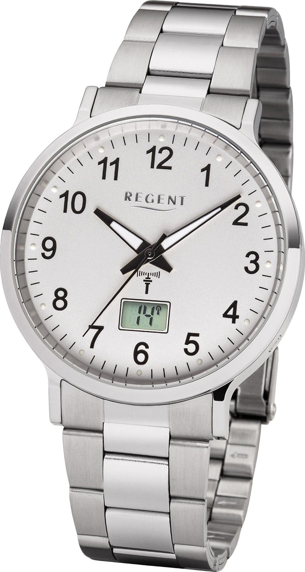 Regent Funkuhr Regent Metall Herren Uhr FR-248, Herrenuhr mit Metallarmband, rundes Gehäuse (ca. 40mm), Elegant-Style
