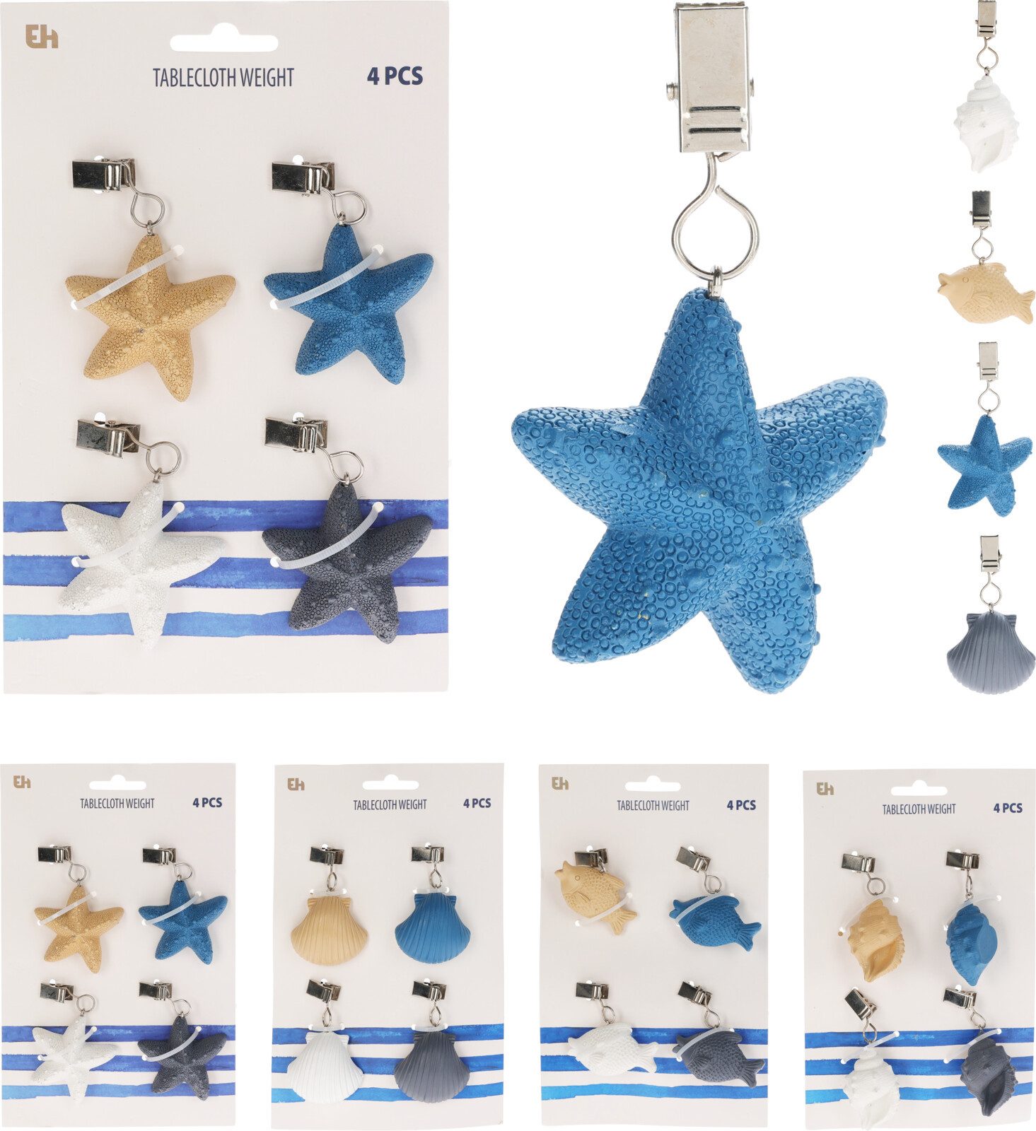 Koopman Tischtuchklammer Tischdeckenklammer Maritim / Meer 4 er Set, (Set, 4-tlg., Packung), 4 tlg, 4 Farben, Seesterne, Polystone, 40gr je Bommel – Bild 4 von 5