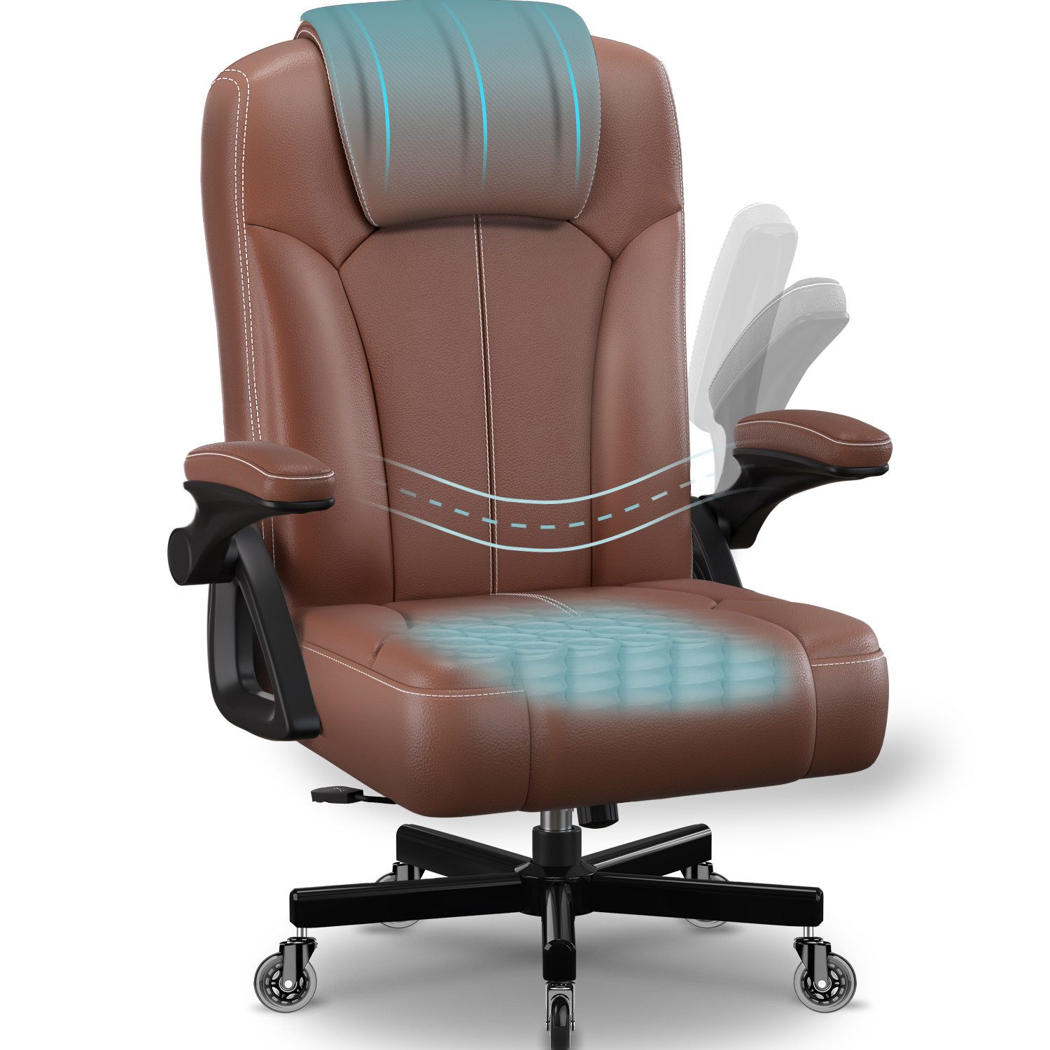 Homimaster Bürostuhl Ergonomischer Bürostuhl mit 90° Klapparmlehnen (Verstellbare Rückenlehne & hoher Sitzkomfort, Schreibtischstuhl mit 90-120° Neigungsfunktion & Lendenwirbelstütze), bis 150 kg belastbar