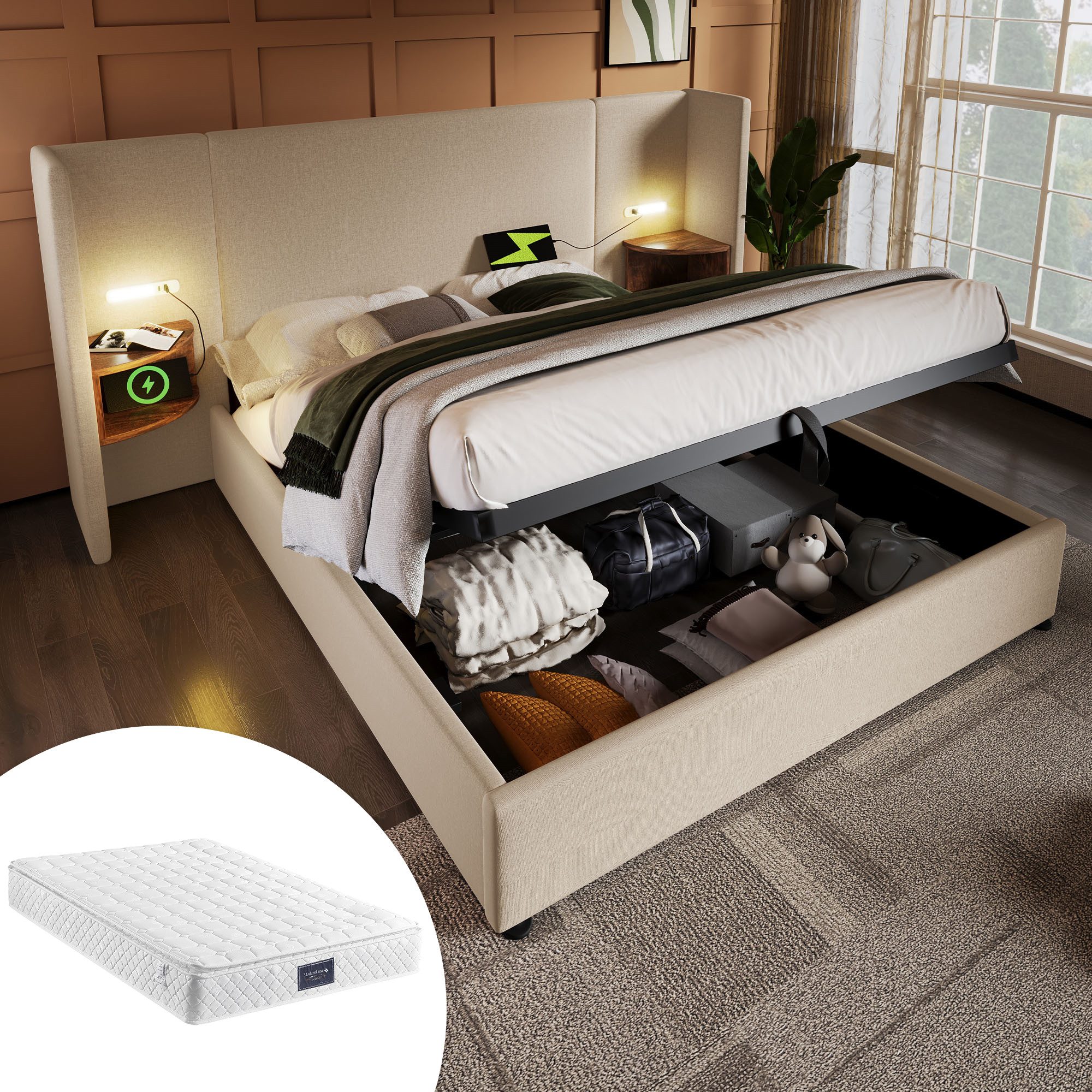 Polsterbett Bettgestell 160×200 Doppelbett mit Nachttisch,Leselampe,USB Type-C
