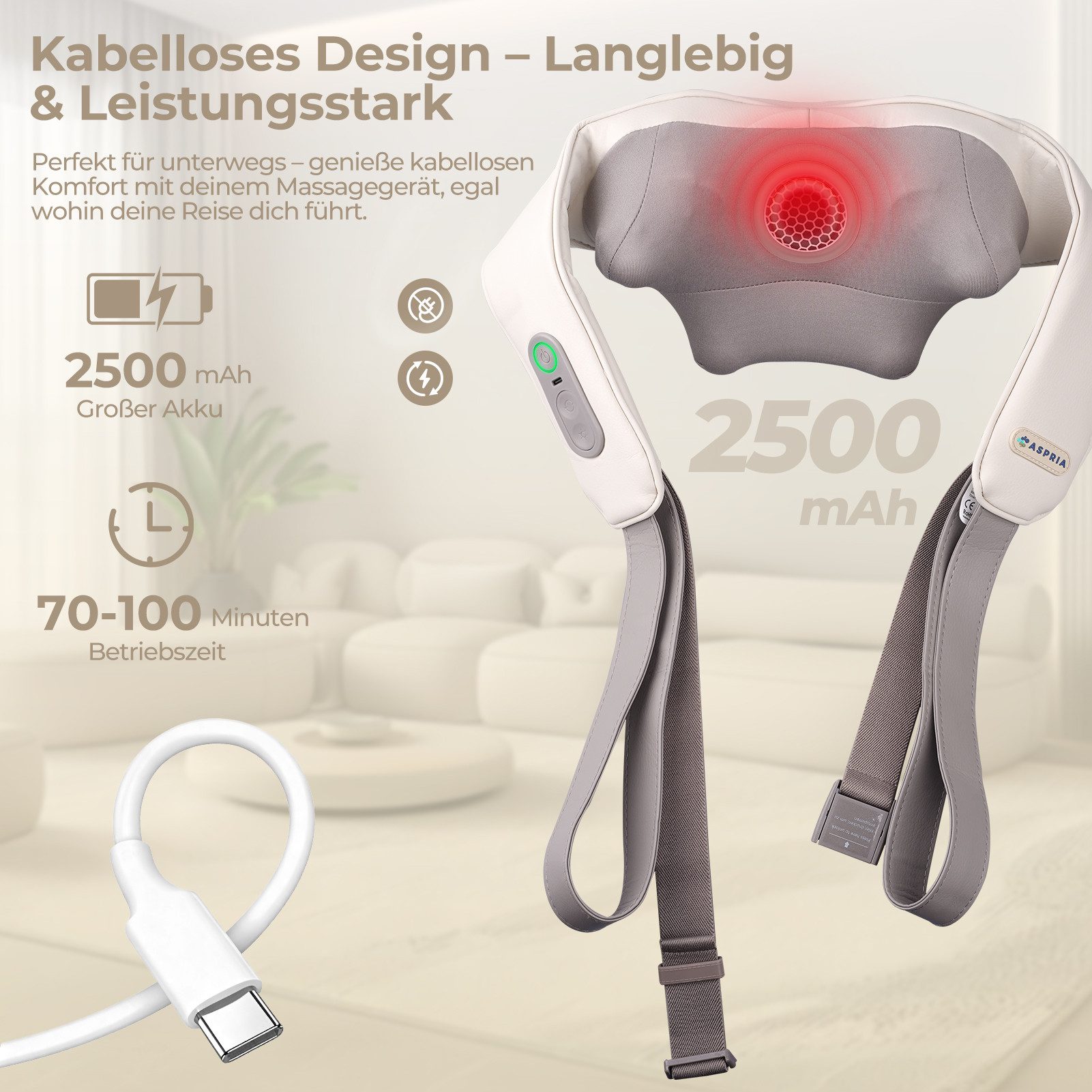 ASPRIA Nacken-Massagegerät mit Wärme, Shiatsu Massagegerät für Nacken, Schulter und Rücken, Kabelloses Rückenmassagegerät mit Akku