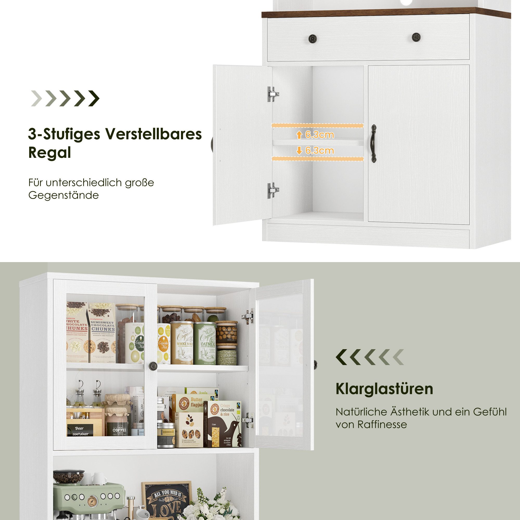HOMECHO Küchenbuffet 180cm Küchenschrank Weiß mit Arbeitsplatte, 4 Türen, 2 Schubladen – Bild 4 von 5