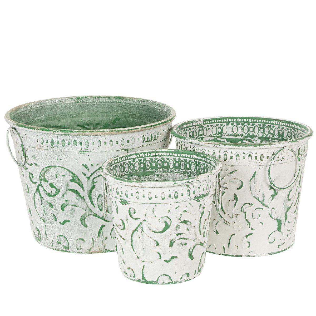 Florists Products Übertopf 3er Set Metalltöpfe Shabby Chic Weiß Grün Henkel Pflanzkübel