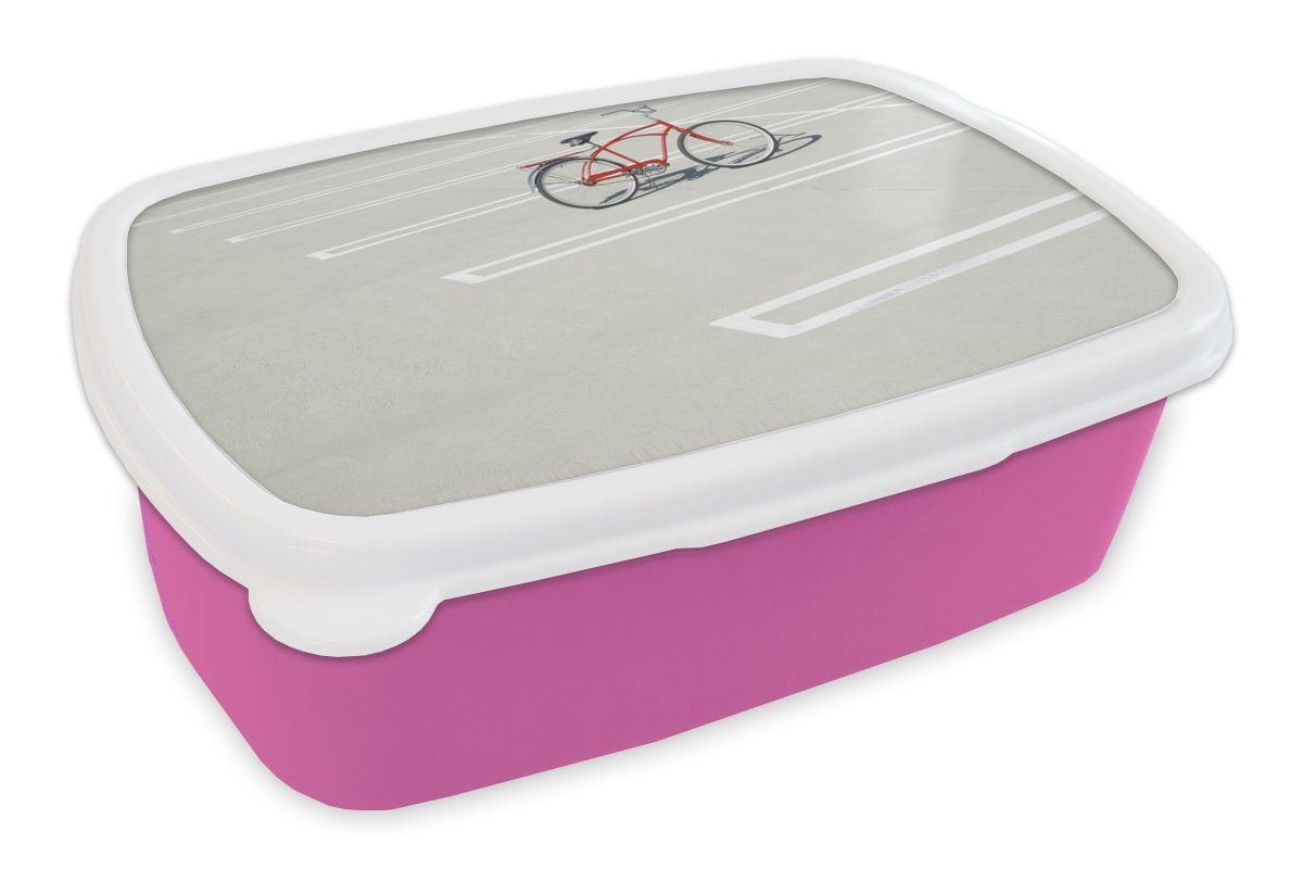 MuchoWow Lunchbox Ein geparktes rotes Fahrrad, Kinder, Brotdose Kunststoff Snackbox, Brotbox (2-tlg), Mädchen, für rosa Kunststoff, Erwachsene