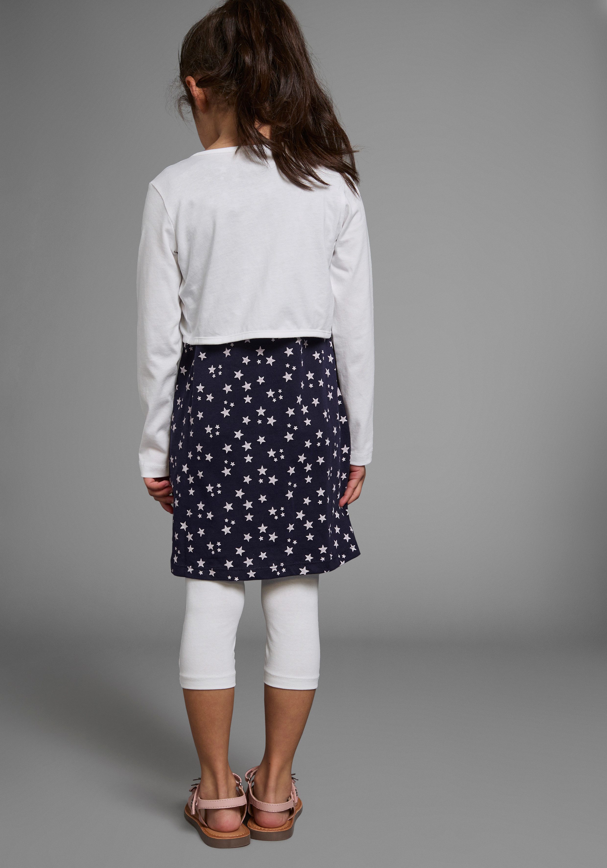 KIDSWORLD Bolero, Kleid & Leggings 3tlg. Set, Komplett Outfit mit Sternenmuster (Set, 3-tlg., 3) mit niedlicher Bolero-Jacke