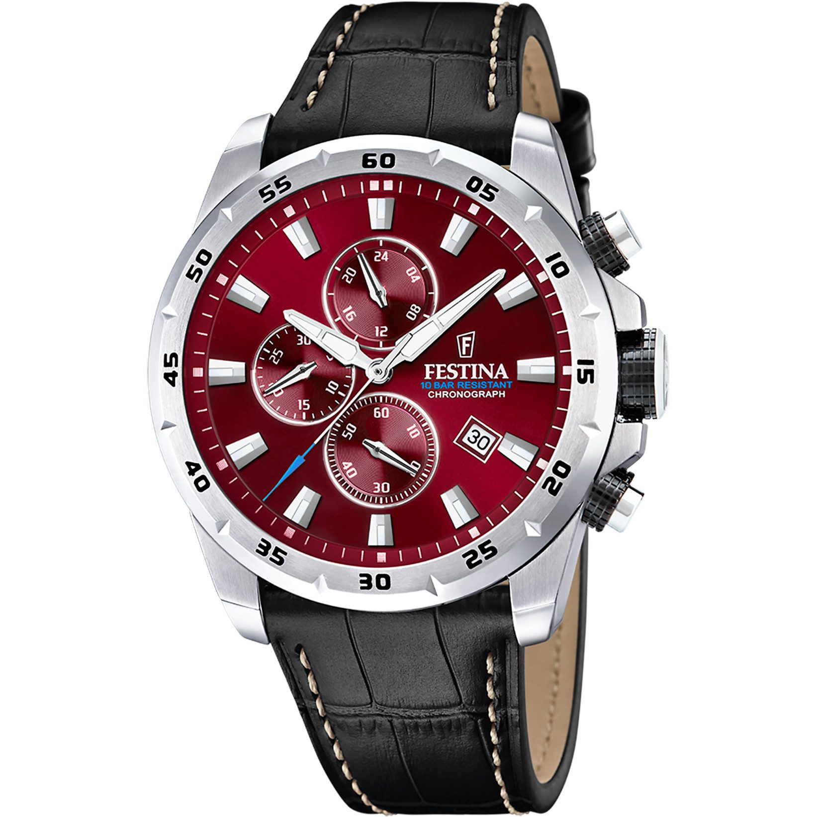 Festina Chronograph Timeless F20692-5 Burgunderrot 45 mm Lederband 10 Bar
