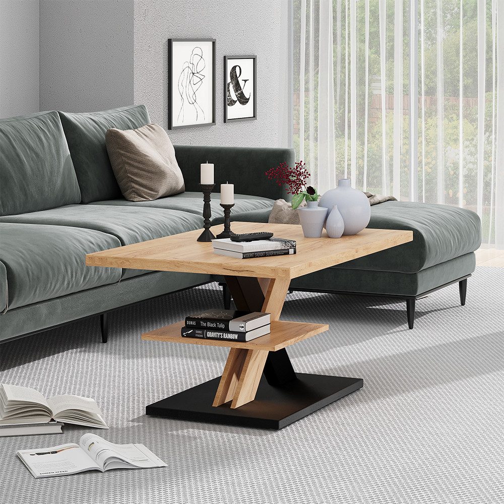 Vicco Couchtisch Arivo, Eiche/Schwarz, 90 x 60 cm mit Ablage (1-St)