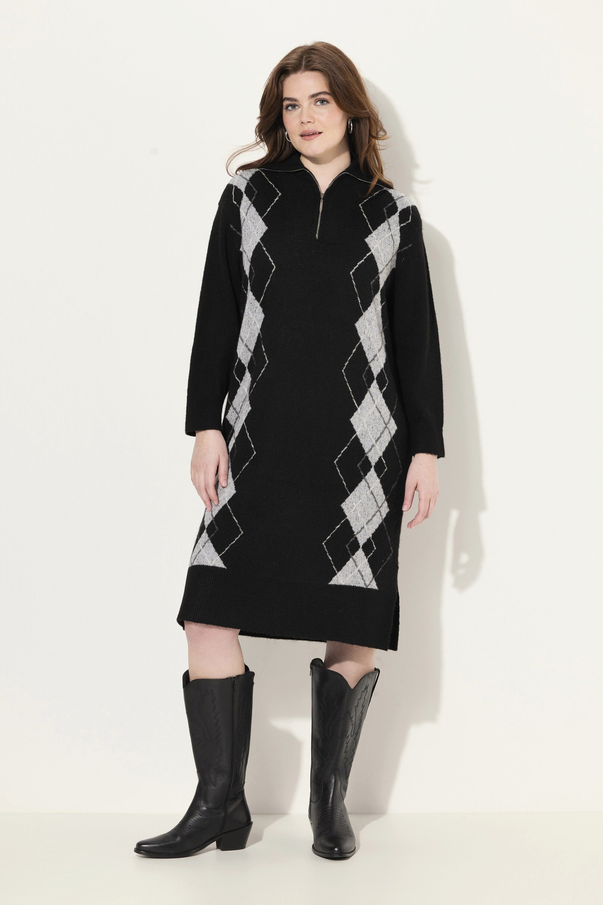 Ulla Popken Strickkleid Strickkleid Argyle-Muster Troyerkragen günstig online kaufen