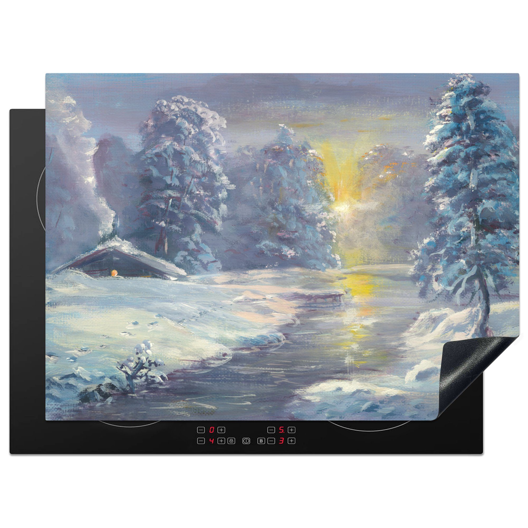 MuchoWow Herdblende-/Abdeckplatte Eine Illustration eines Winterwaldes, Vinyl, (1 tlg), 70x52 cm, Mobile Arbeitsfläche nutzbar, Ceranfeldabdeckung