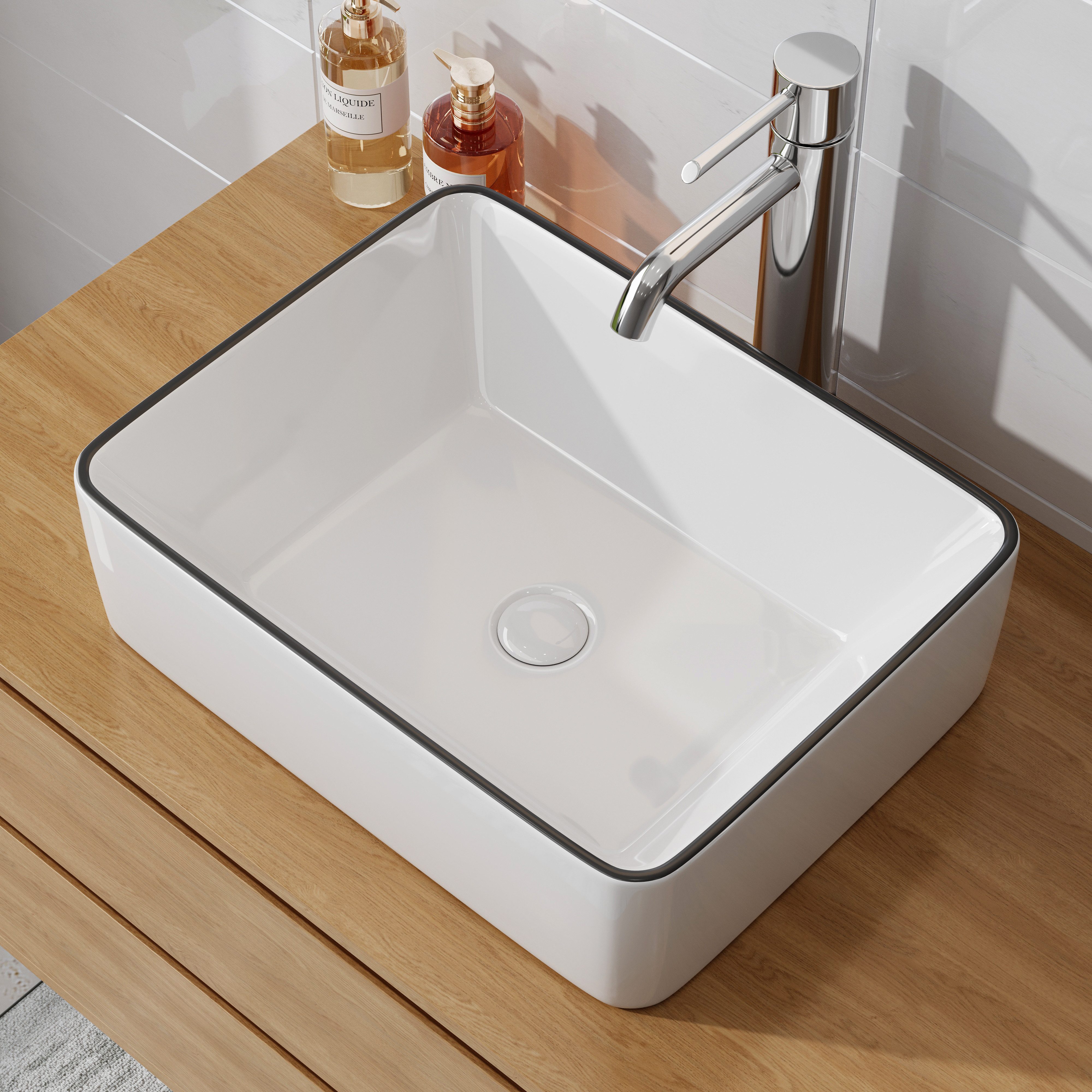 HOROW Waschbecken Aufsatzwaschbecken Keramik 41,5/48,3/59cm oval quadratisch modern weiß (für Badezimmer Gäste-WC , 590 × 410 × 145 mm, mit Hahnloch und Überlauf)