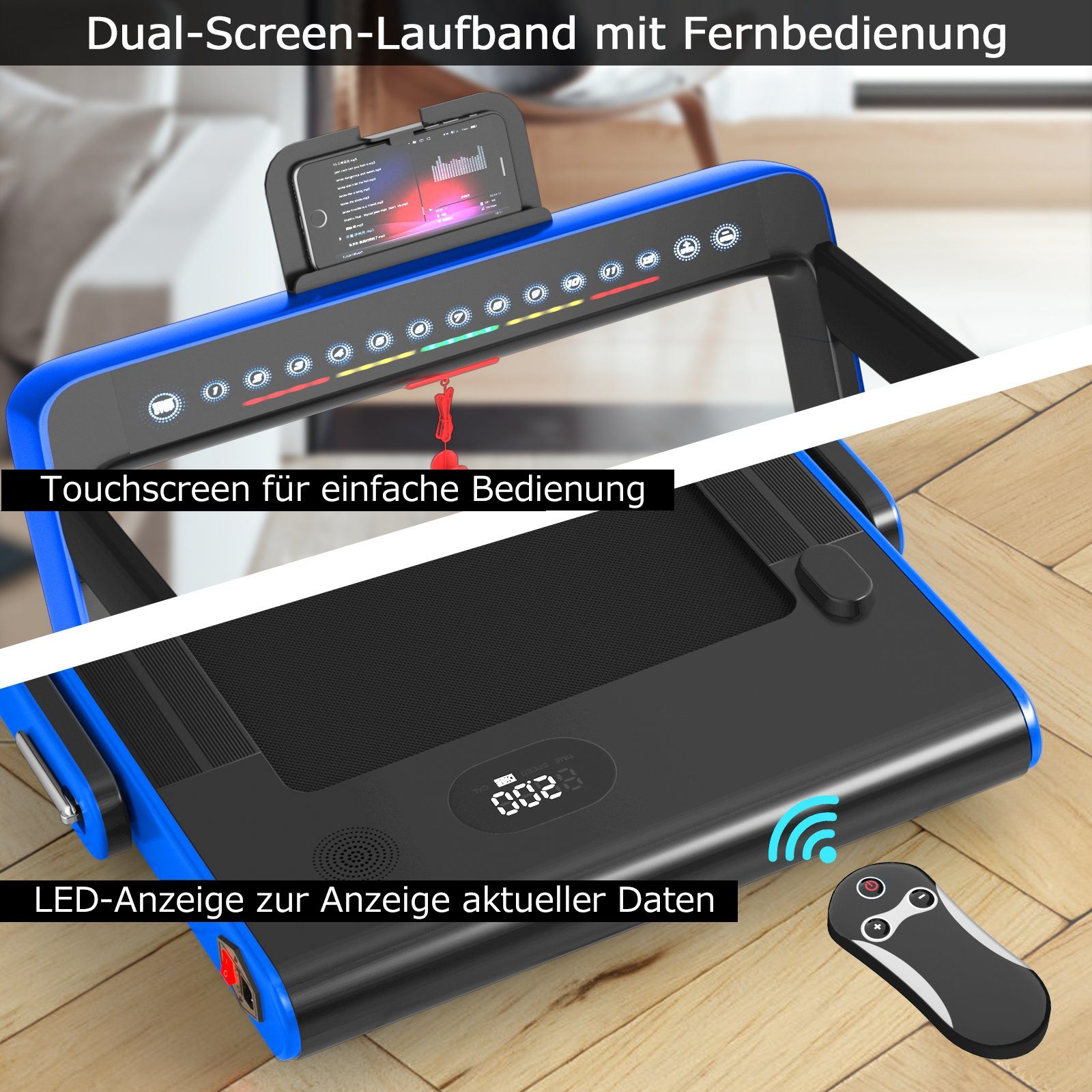 km/h blau 1 12 COSTWAY mit Heimtrainer, Laufband APP, klappbar in - LED, 1 2