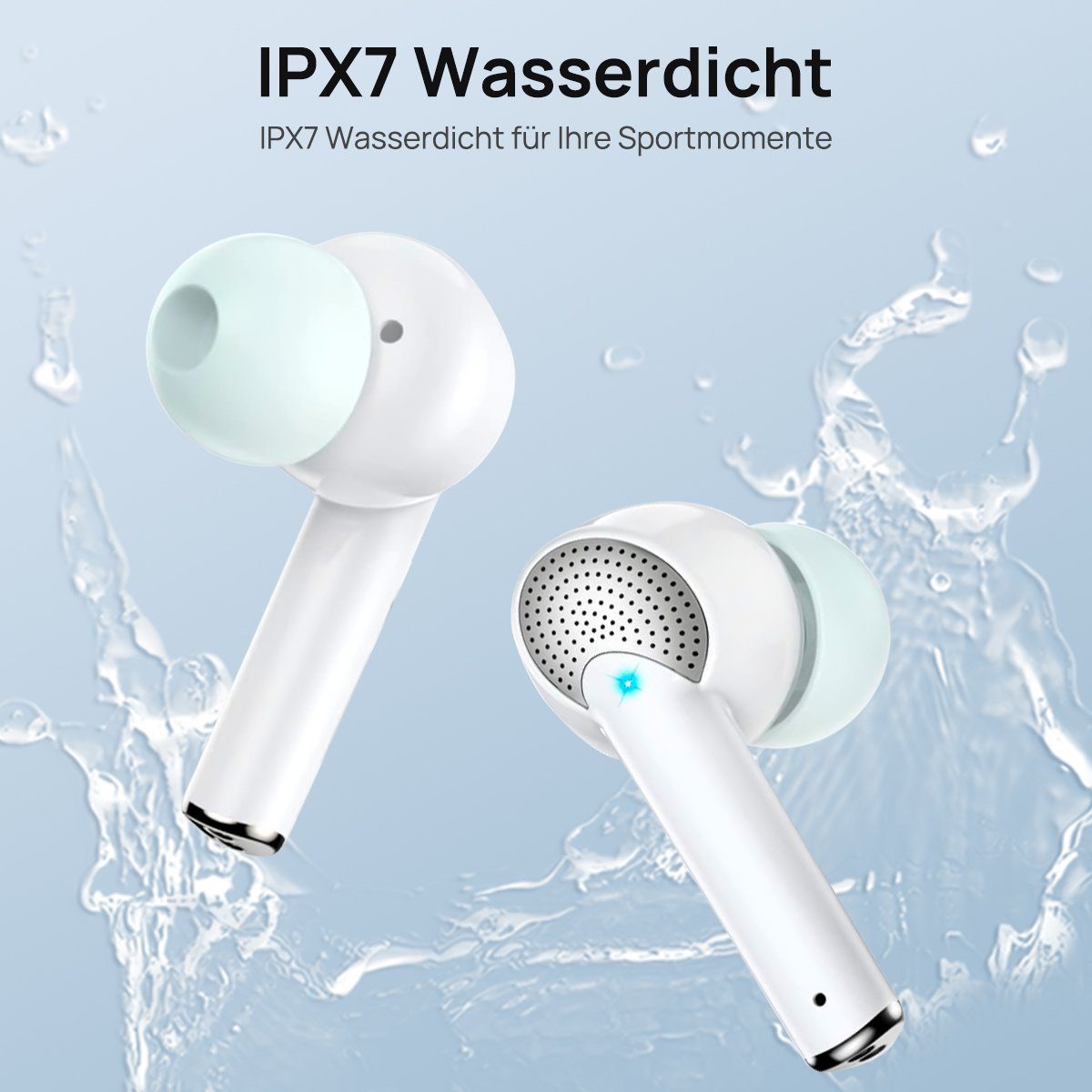 7Magic Bluetooth Assistent, Ear 40 Google kabellose Aktive Anzeige (IPX7 Siri, Wasserdicht,Freisprechfunktion, Wireless, Kopfhörer wireless LED J8 TWS Kopfhörer In pro, Geräuschunterdrückung, Spielzeit) Weiß|mit Earbuds Stunden