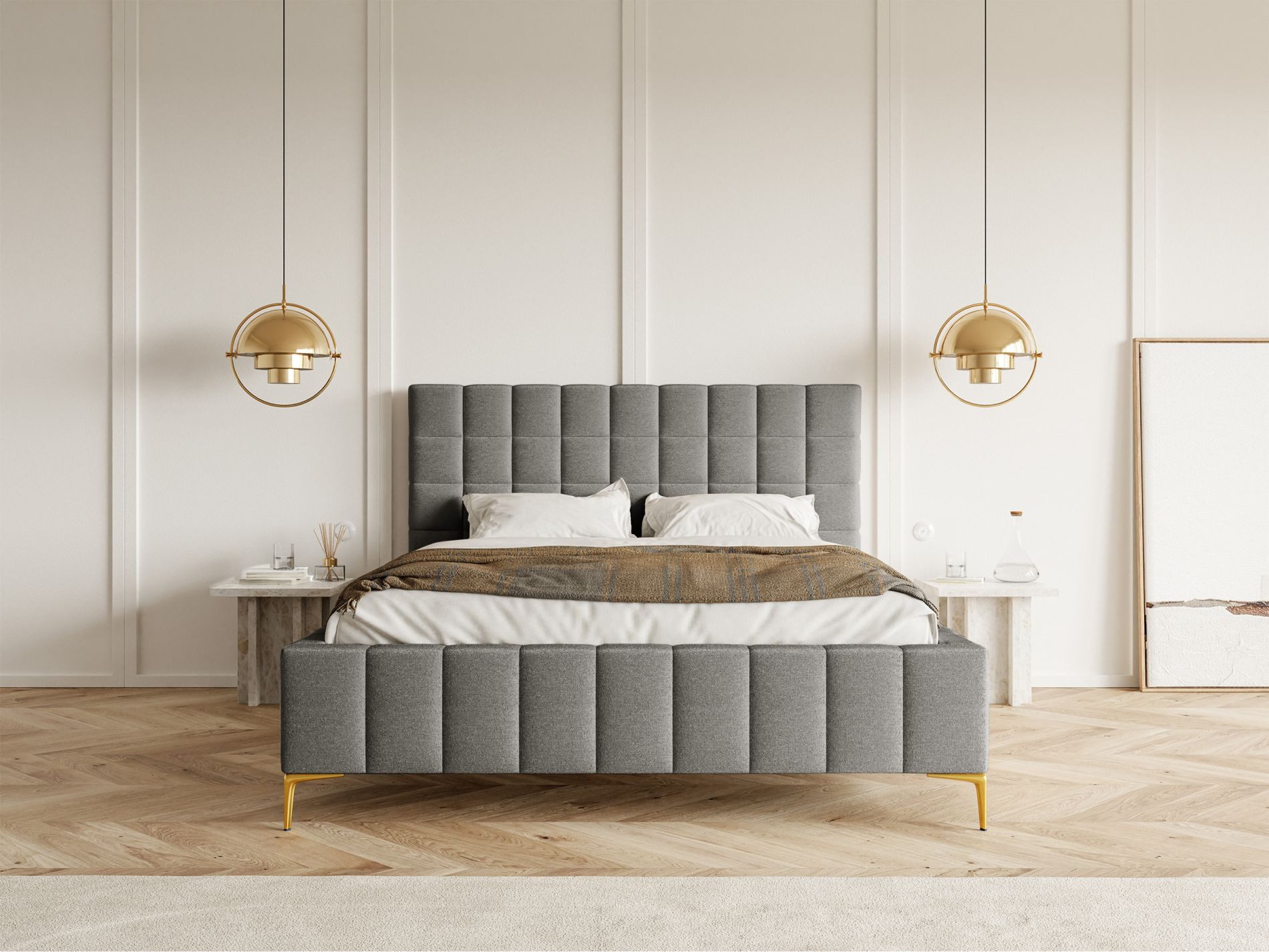 Selsey Polsterbett SZEJLO, mit Chenille-Bezug, Bettkasten, Lattenrost und goldfarbenen Beinen