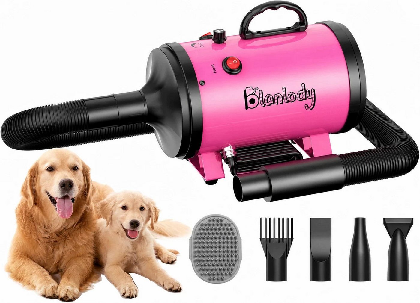 Blanlody Hundeschermaschine Hundefön Blower 3200W leise 4 Düsen Temperaturregelung für Fellpflege, 5-teilig, leise Fellpflege mit Temperaturregelung 4 Düsen und flexiblem Schlauch