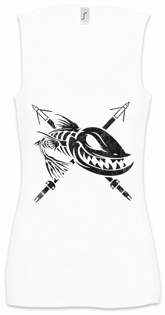 Urban Backwoods Tanktop Dead Grinning Fish Ärmelloses Damen T-Shirt Grinsender Harpune Skelett Fischskelett Fisch Fischen Angeln
