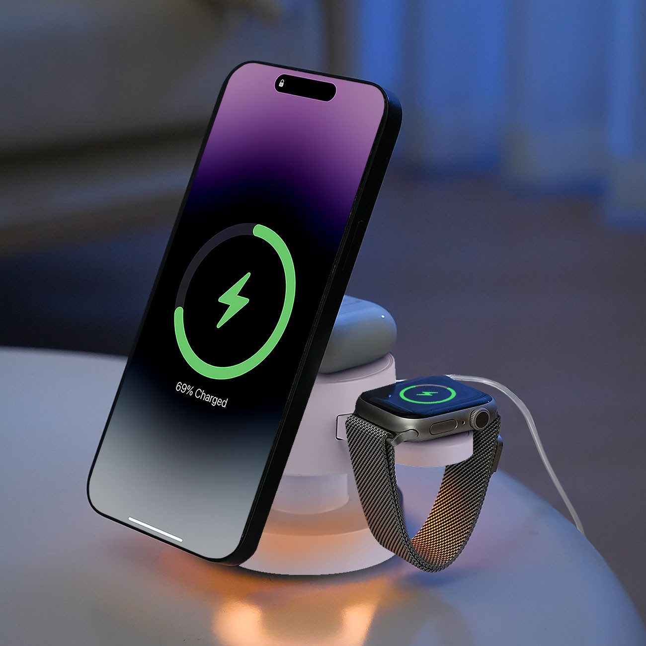 shop'n smile ideoon Multifunktionale Kabellose Ladestation 15W mit Nachtlicht USB-C 3in1 Ladestation (3in1 Wireless Ladestation 15W Handy, 5W AirPods, 3W Watch + Licht)