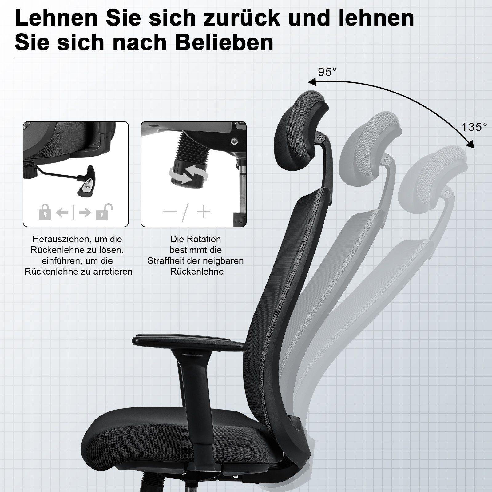 Kopfstütze, Schwarz 150kg Schreibtischstuhl, hoher mit und Bürostuhl Rückenlehne, Armlehnen Rückenlehne, MELOKEA belastbar Drehstuhl Verstellbare ergonomischer