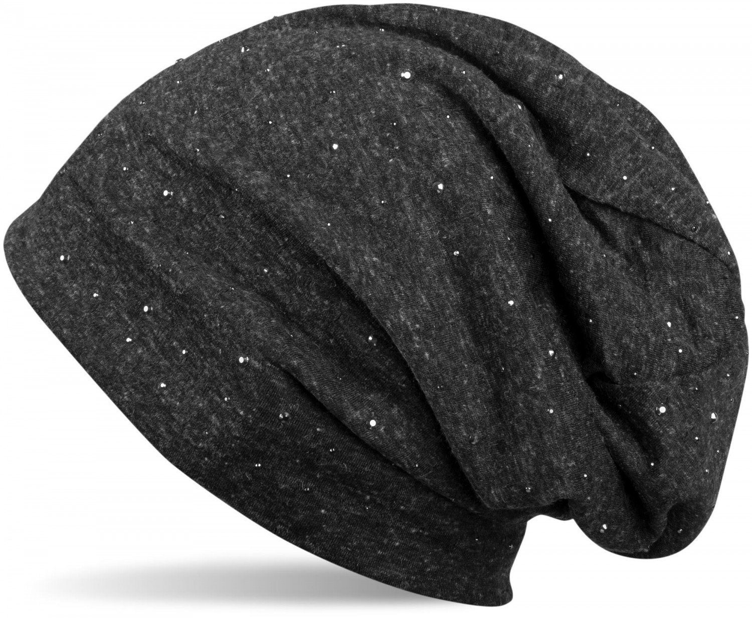 Beanie mit / used styleBREAKER Beanie (1-St) Strass Applikation meliert Look Schwarz Nieten