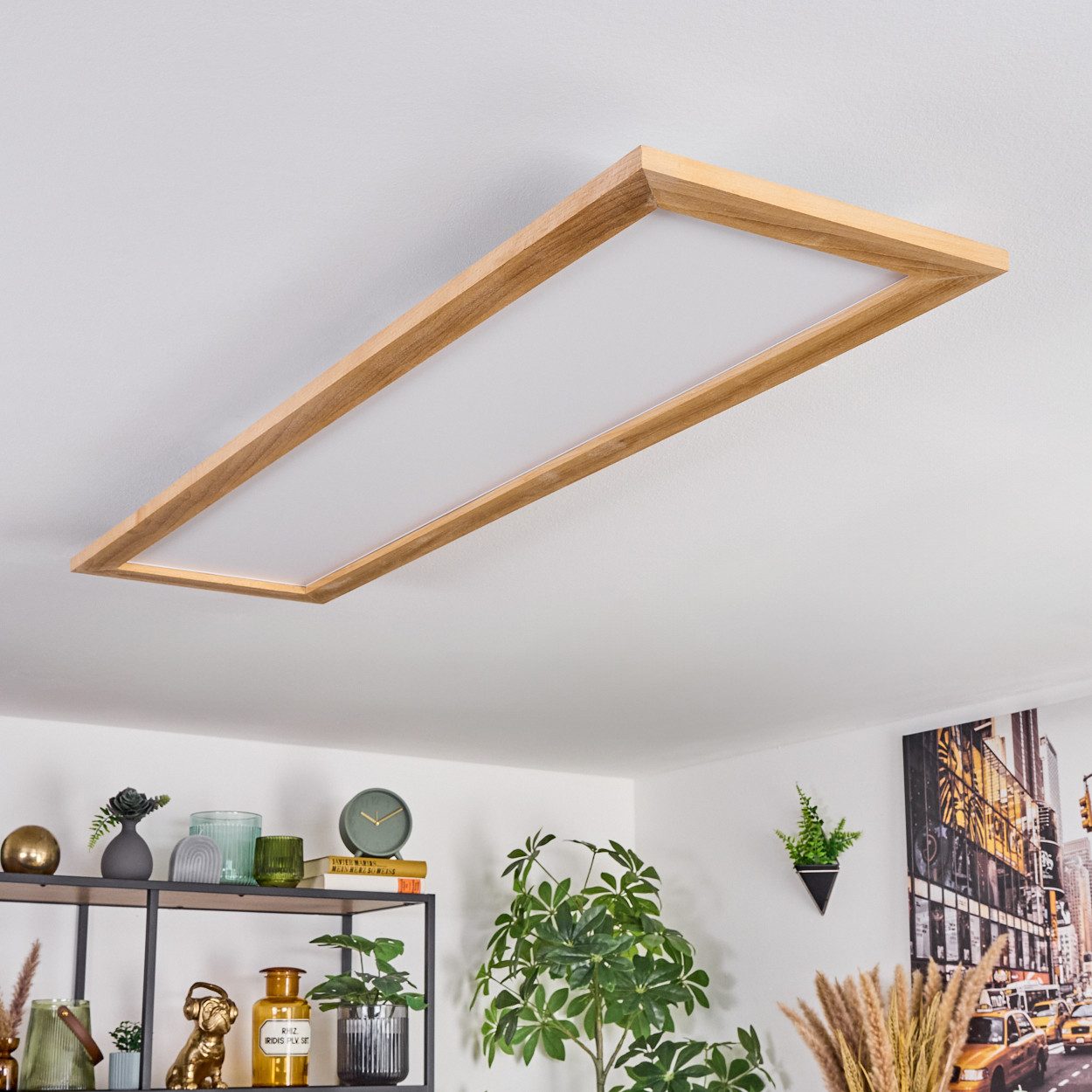 hofstein Panel dimmbare Deckenleuchte aus Metall/Holz/Kunststoff in Weiß/Natur, LED wechselbar, Deckenleuchte Smart Home/App fähig, 2700-6500 Kelvin, CCT einste – Bild 5 von 5