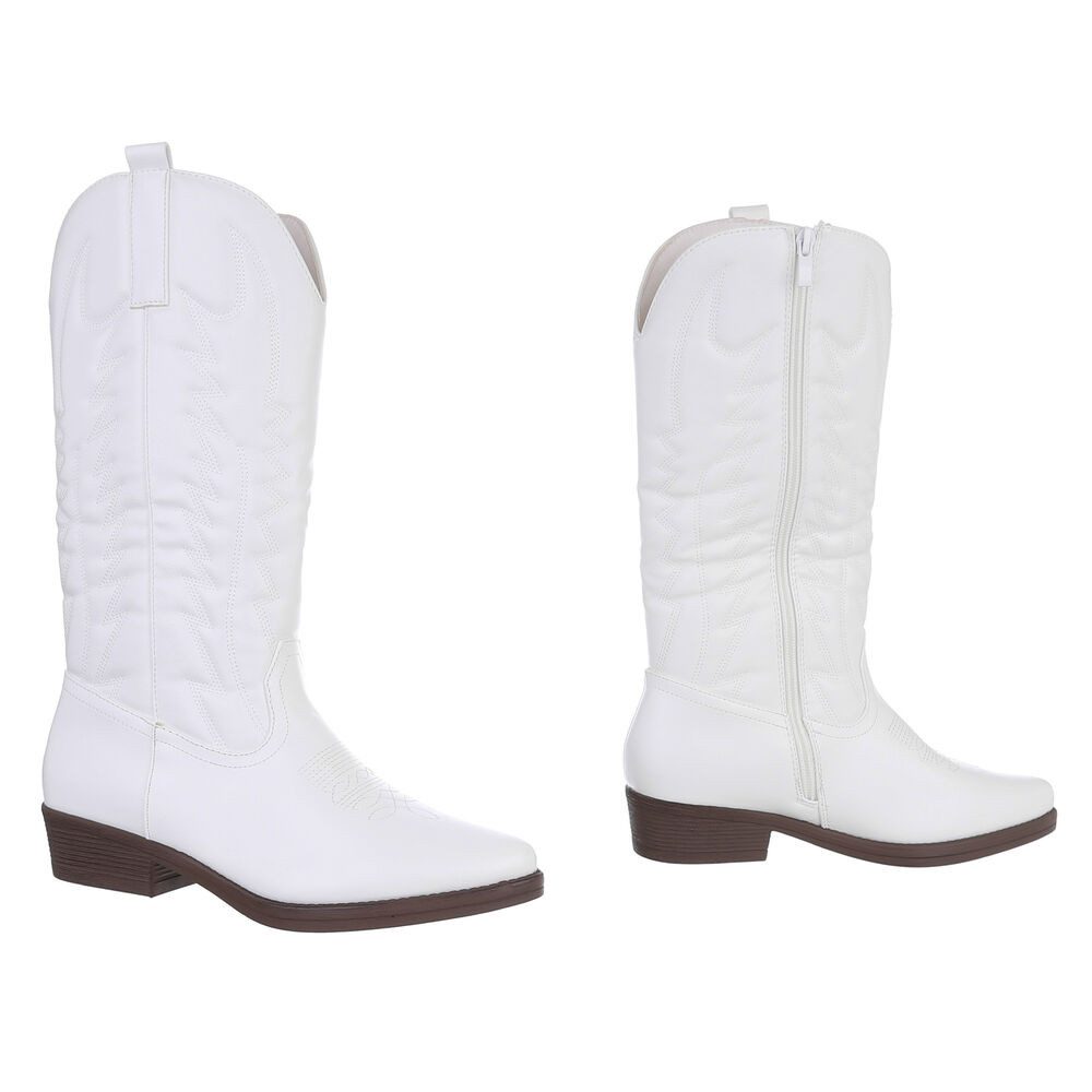 Ital-Design Elegante Damen-Stiefel mit Kunstvollem Design und Komfort Westernstiefel (90482531) Blockabsatz Flache Stiefel in Weiß – Bild 4 von 5